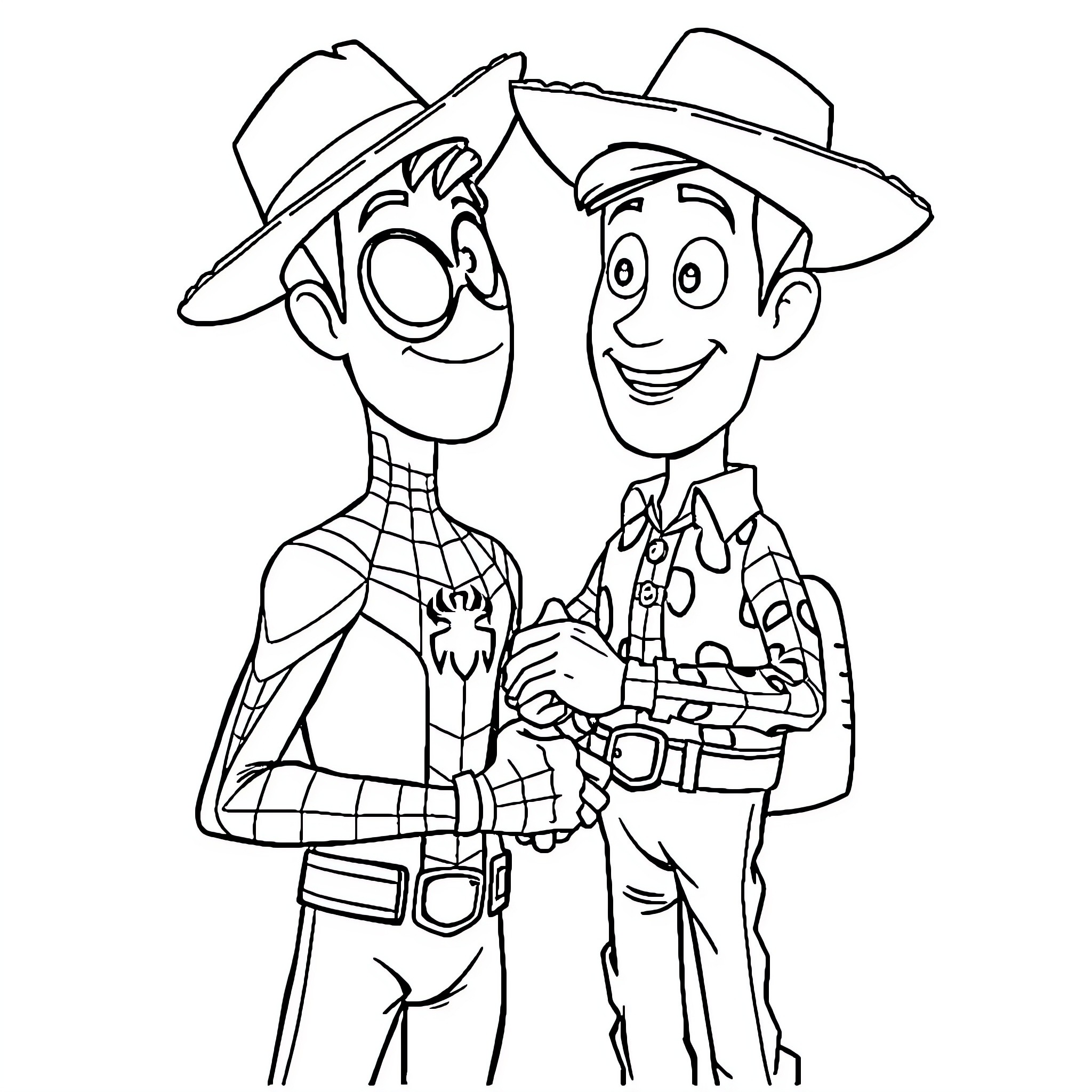 Spiderman and Cowboy Friends in Friendly Embrace Coloring Page (free black-and-white line drawing printable PDF for all, from beginners to advanced learners, including children, teens, adults, and seniors)