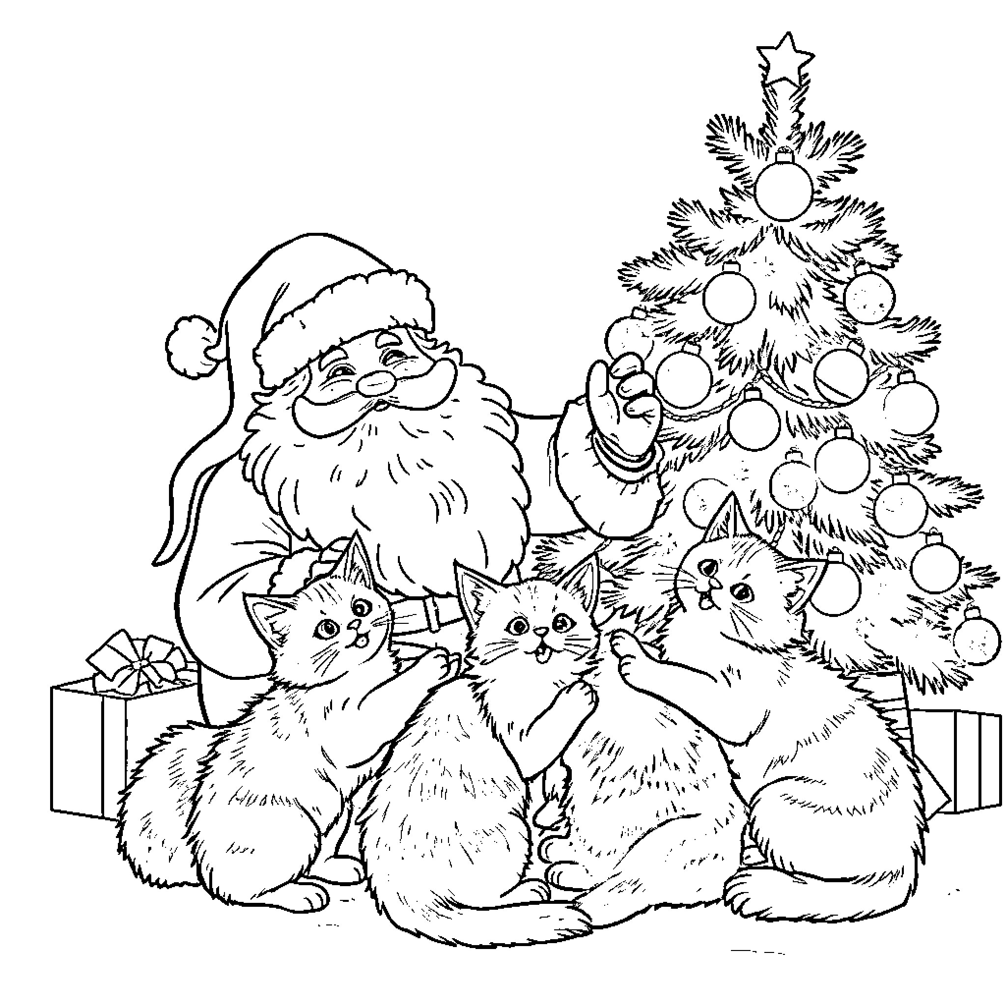 Santa surrounded by playful kittens near Christmas tree Coloring Page (free black-and-white line drawing printable PDF for all, from beginners to advanced learners, including children, teens, adults, and seniors)