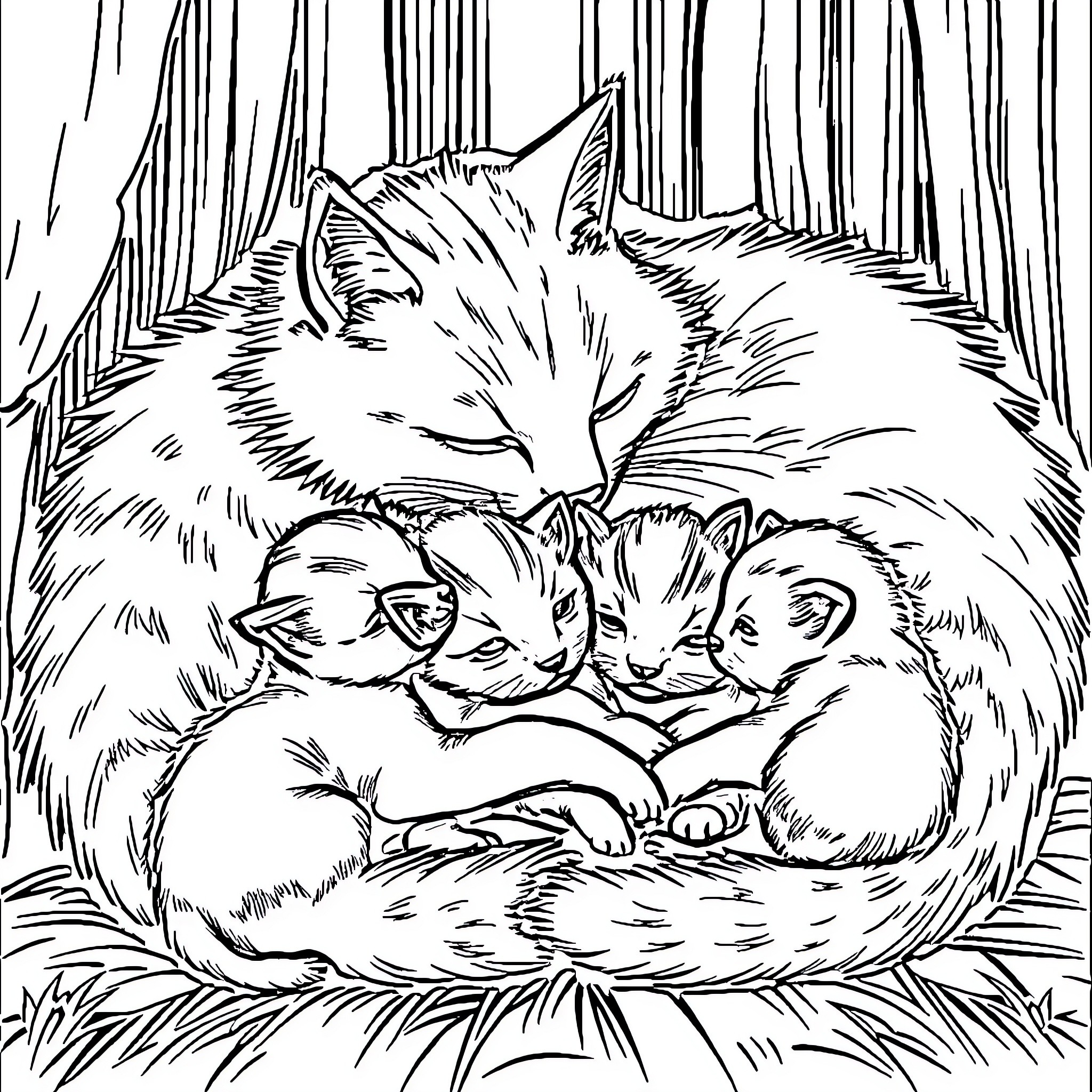 Cat family napping together in cozy den Coloring Page (free black-and-white line drawing printable PDF for all, from beginners to advanced learners, including children, teens, adults, and seniors)