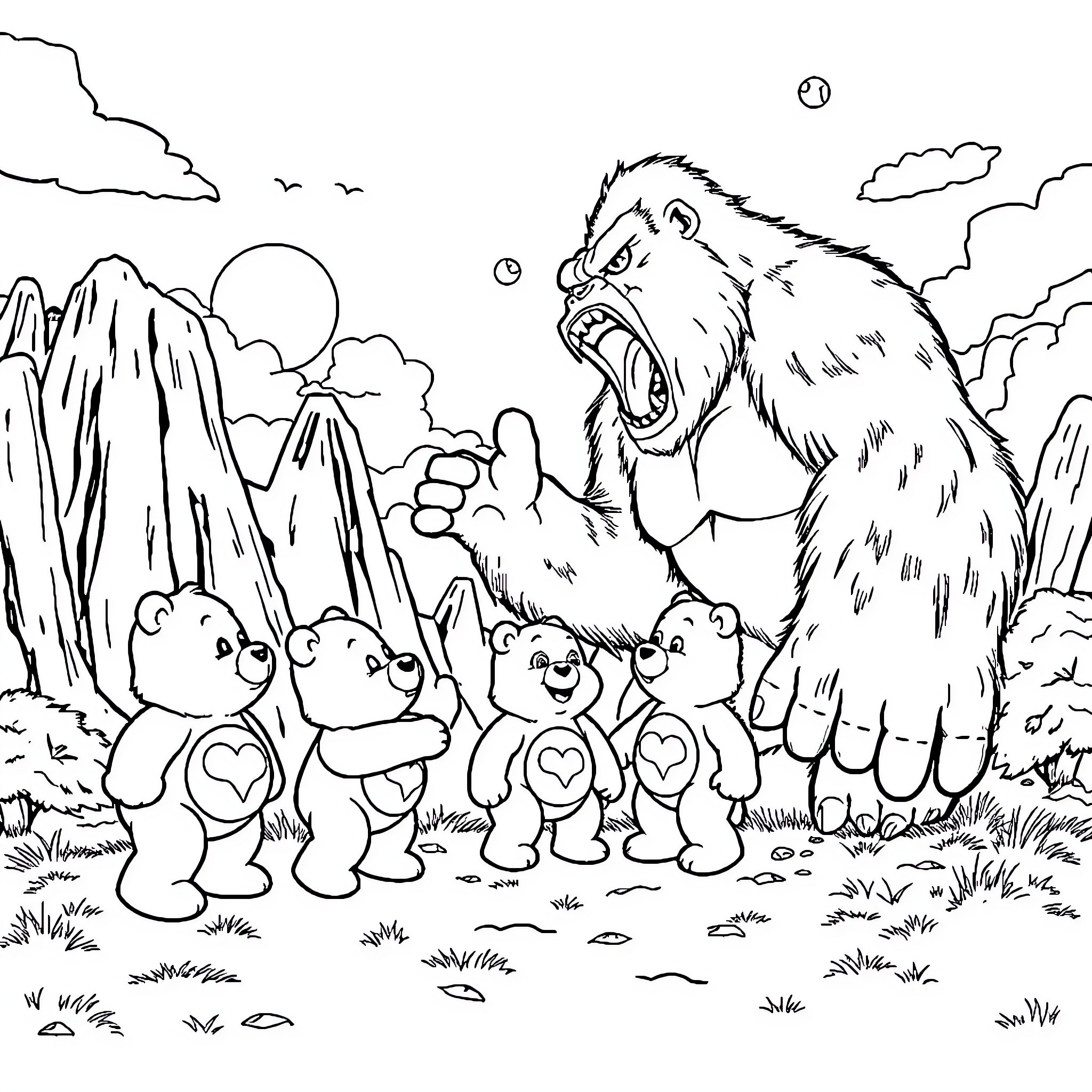 Care Bear family facing off against a fierce beast Coloring Page (free black-and-white line drawing printable PDF for all, from beginners to advanced learners, including children, teens, adults, and seniors)