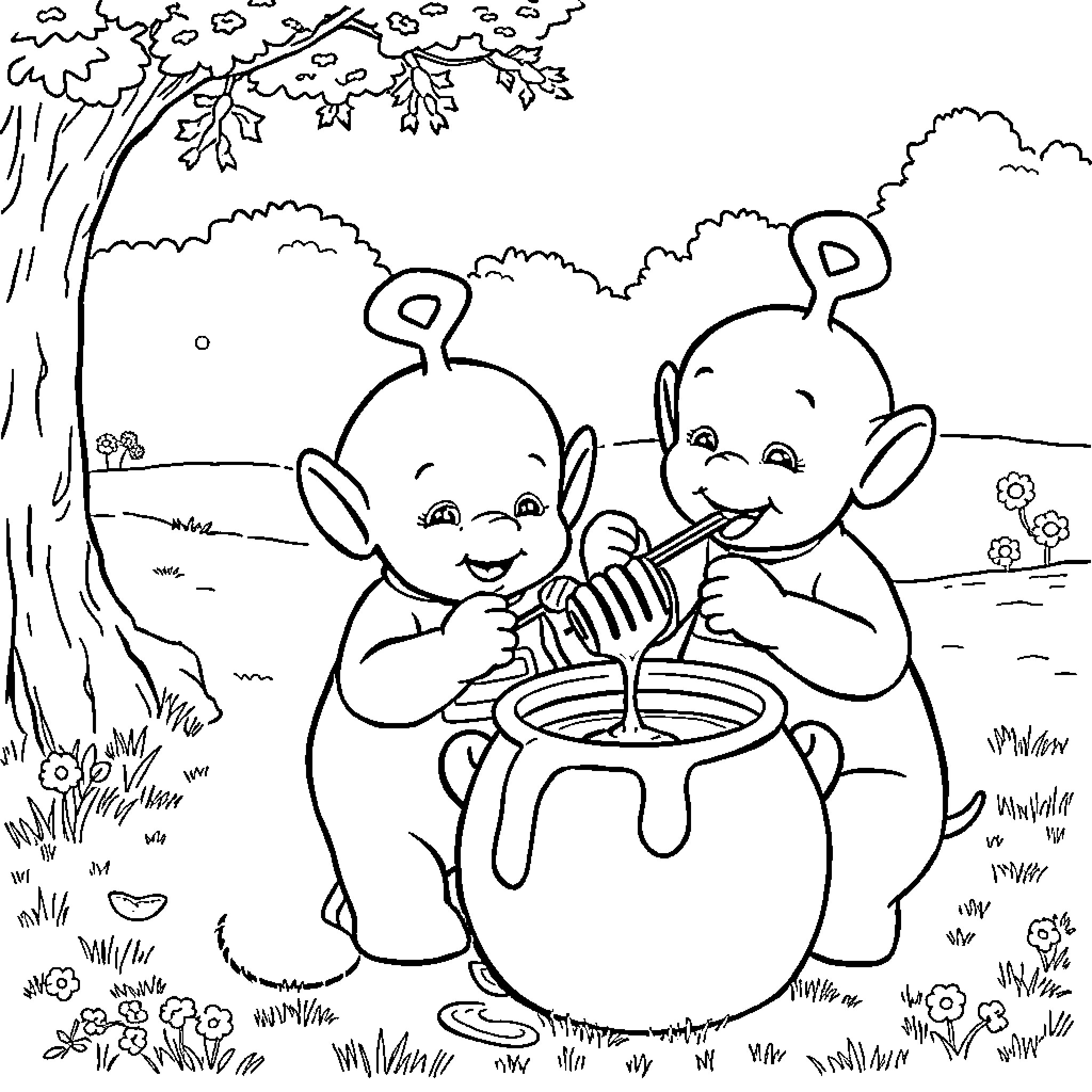 Teletubby friends enjoying a picnic in the park Coloring Page (free black-and-white line drawing printable PDF for all, from beginners to advanced learners, including children, teens, adults, and seniors)