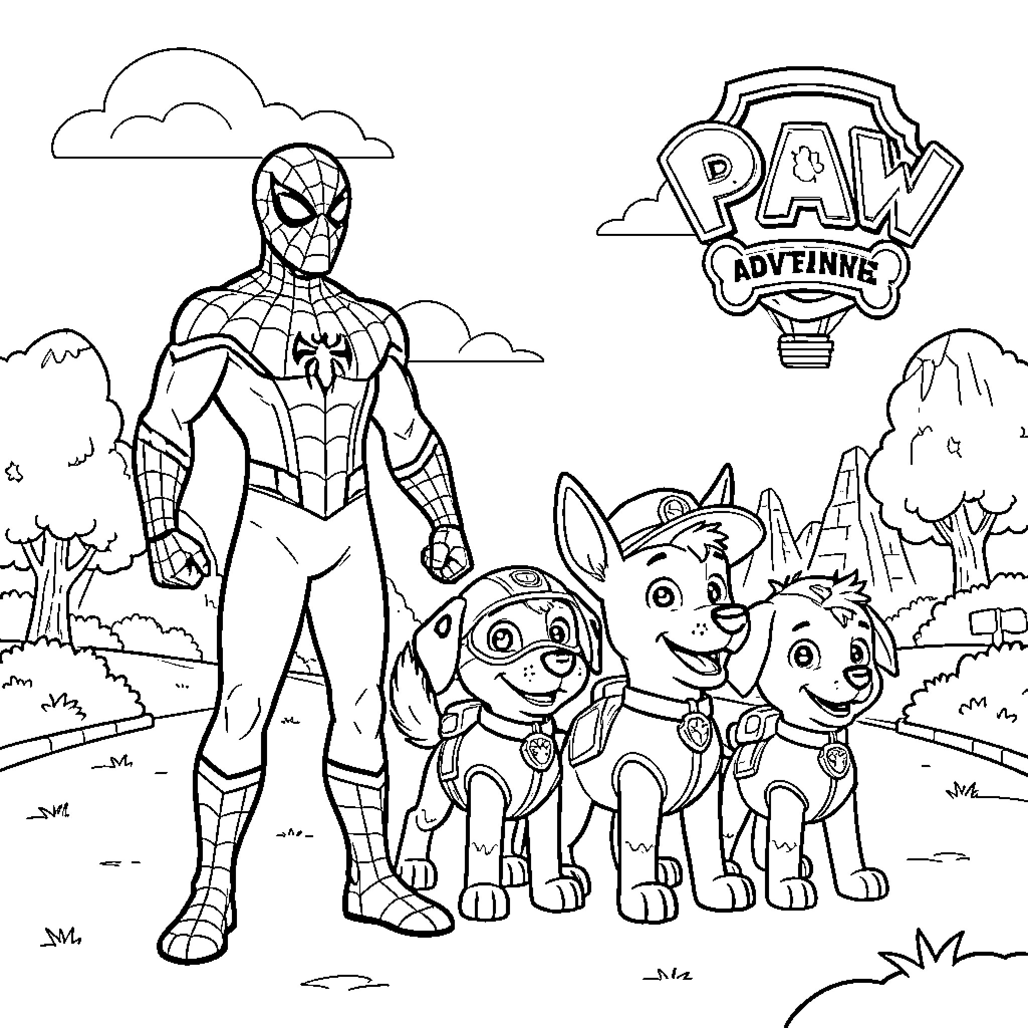 Spiderman standing heroically with friendly puppy characters Coloring Page (free black-and-white line drawing printable PDF for all, from beginners to advanced learners, including children, teens, adults, and seniors)