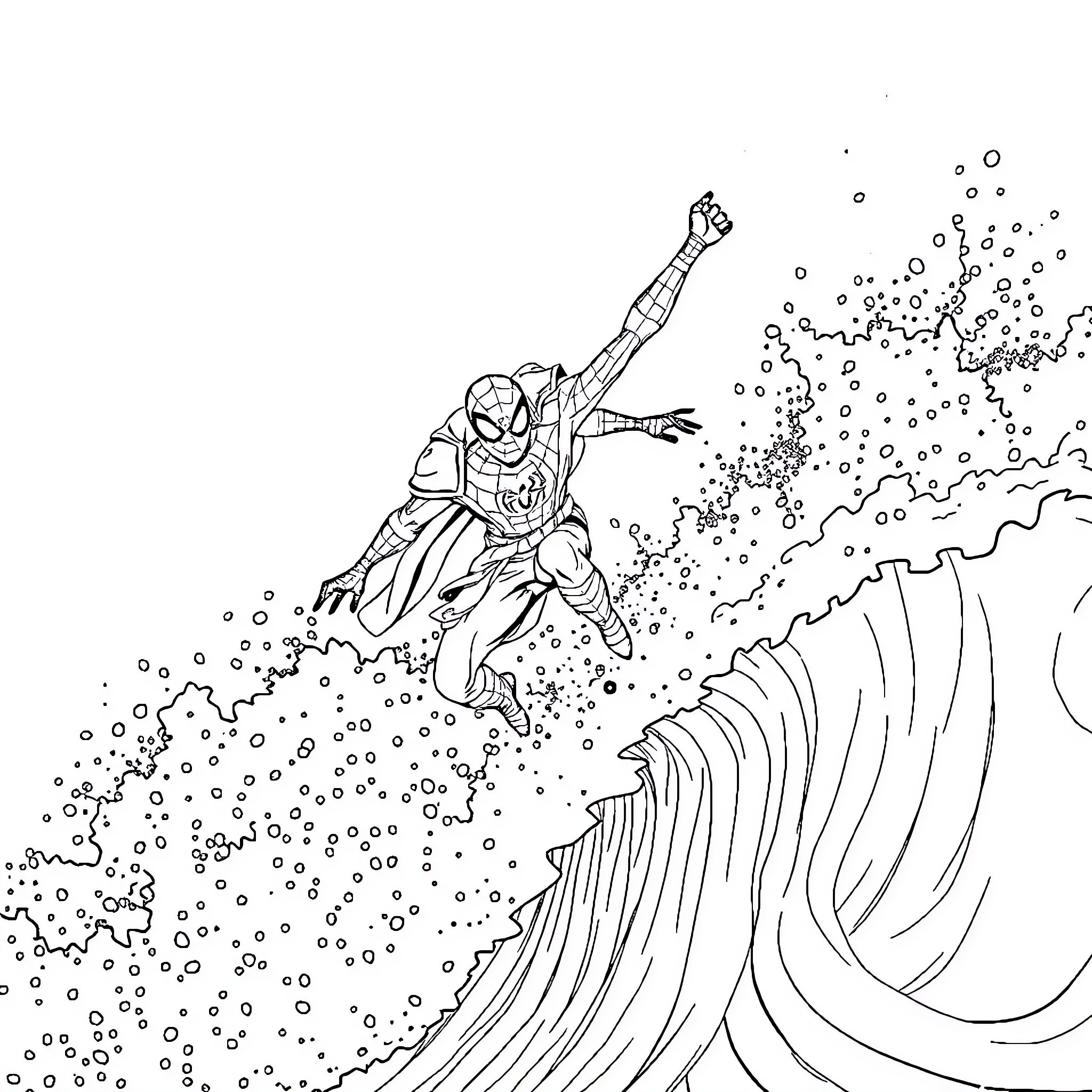 Character Swinging Through Snowy Cityscape Coloring Page (free black-and-white line drawing printable PDF for all, from beginners to advanced learners, including children, teens, adults, and seniors)