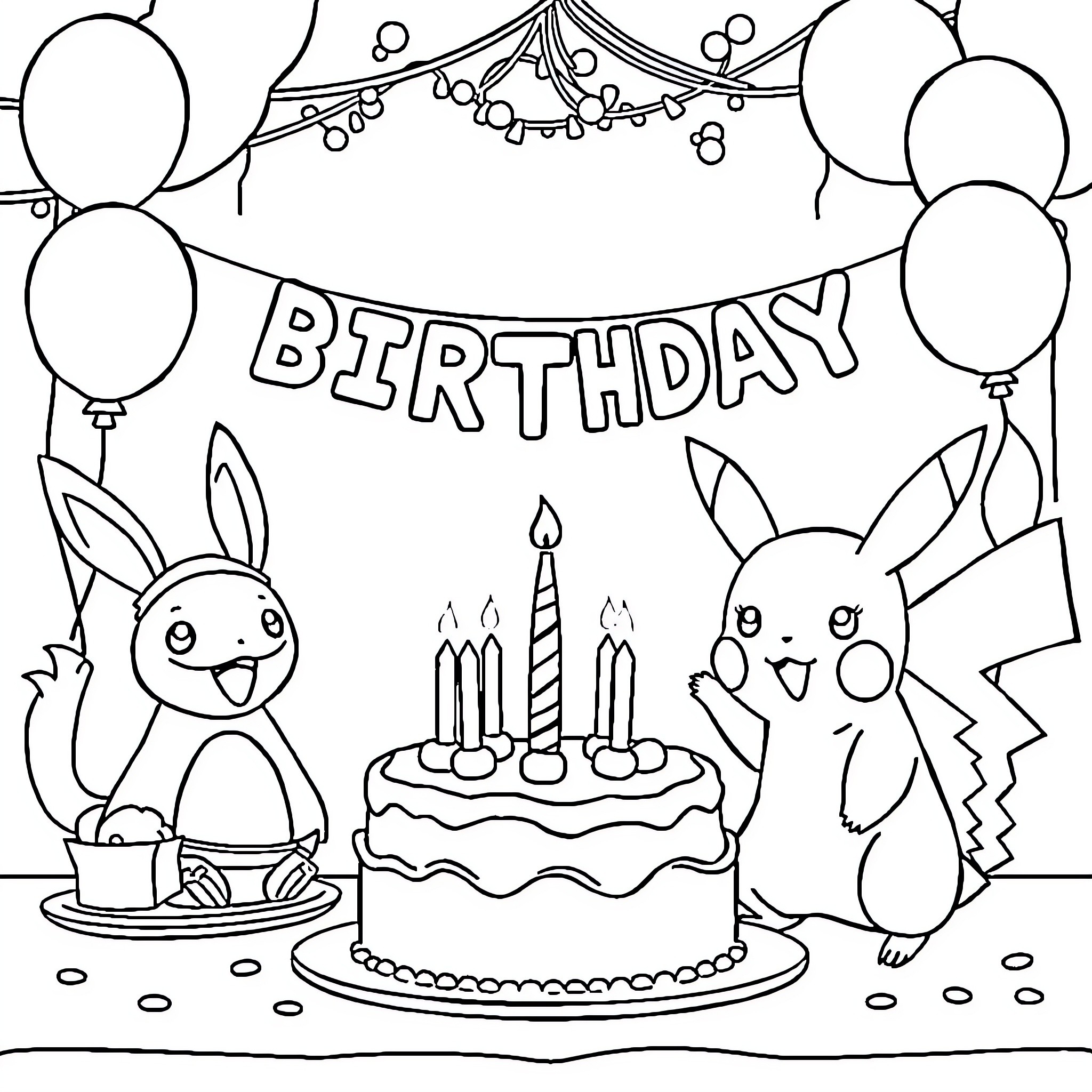 Pokémon Celebrating a Birthday Party Coloring Page (free black-and-white line drawing printable PDF for all, from beginners to advanced learners, including children, teens, adults, and seniors)
