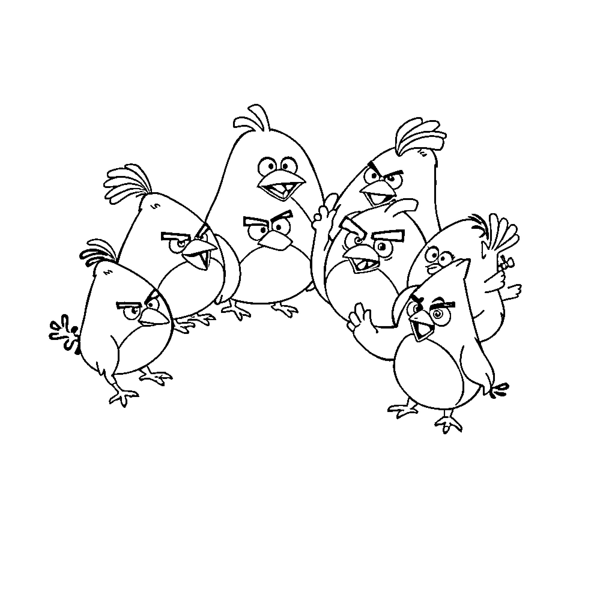 Angry Birds Characters in a Humorous Gathering Coloring Page (free black-and-white line drawing printable PDF for all, from beginners to advanced learners, including children, teens, adults, and seniors)