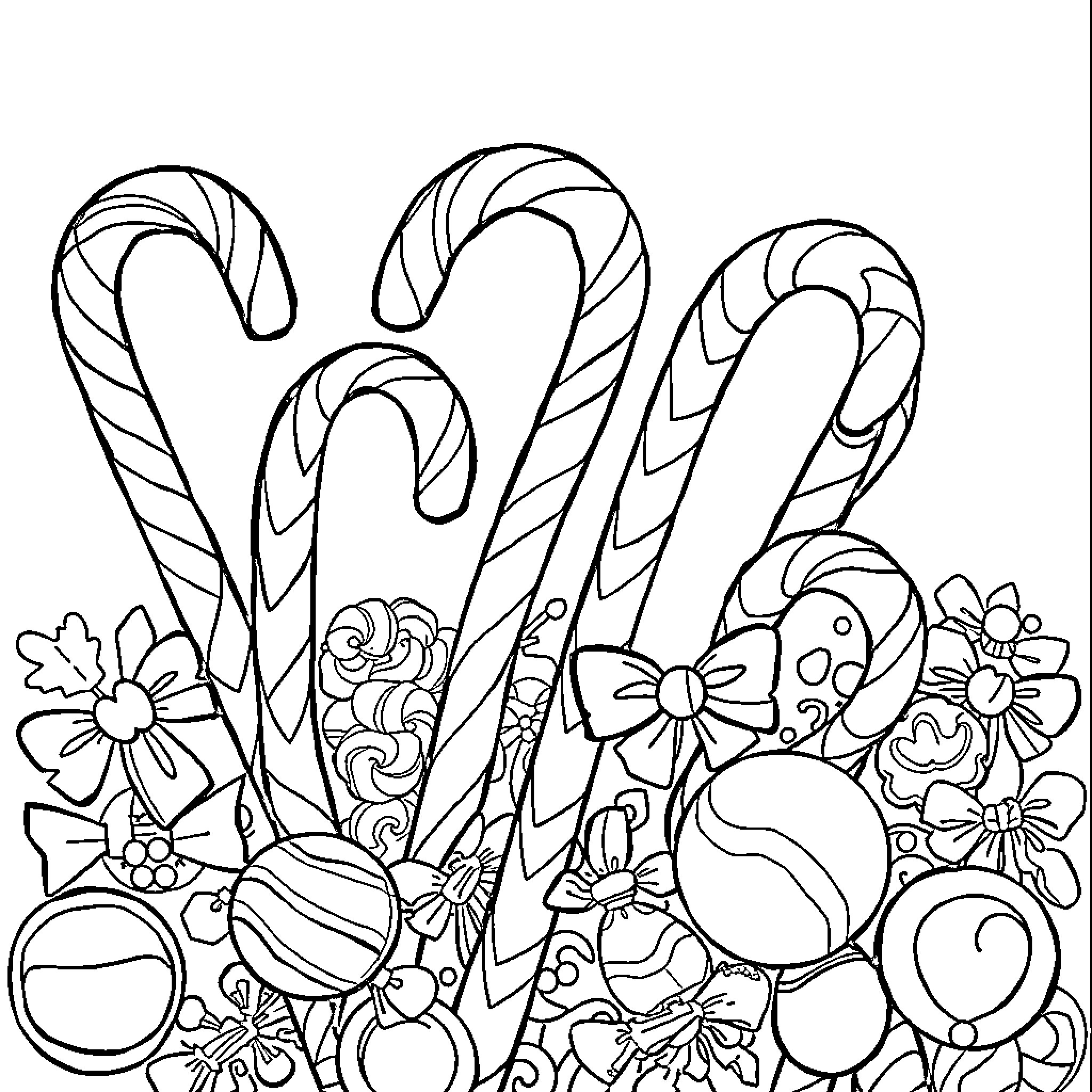 Candy Canes and Whimsical Flowers Coloring Page (free black-and-white line drawing printable PDF for all, from beginners to advanced learners, including children, teens, adults, and seniors)
