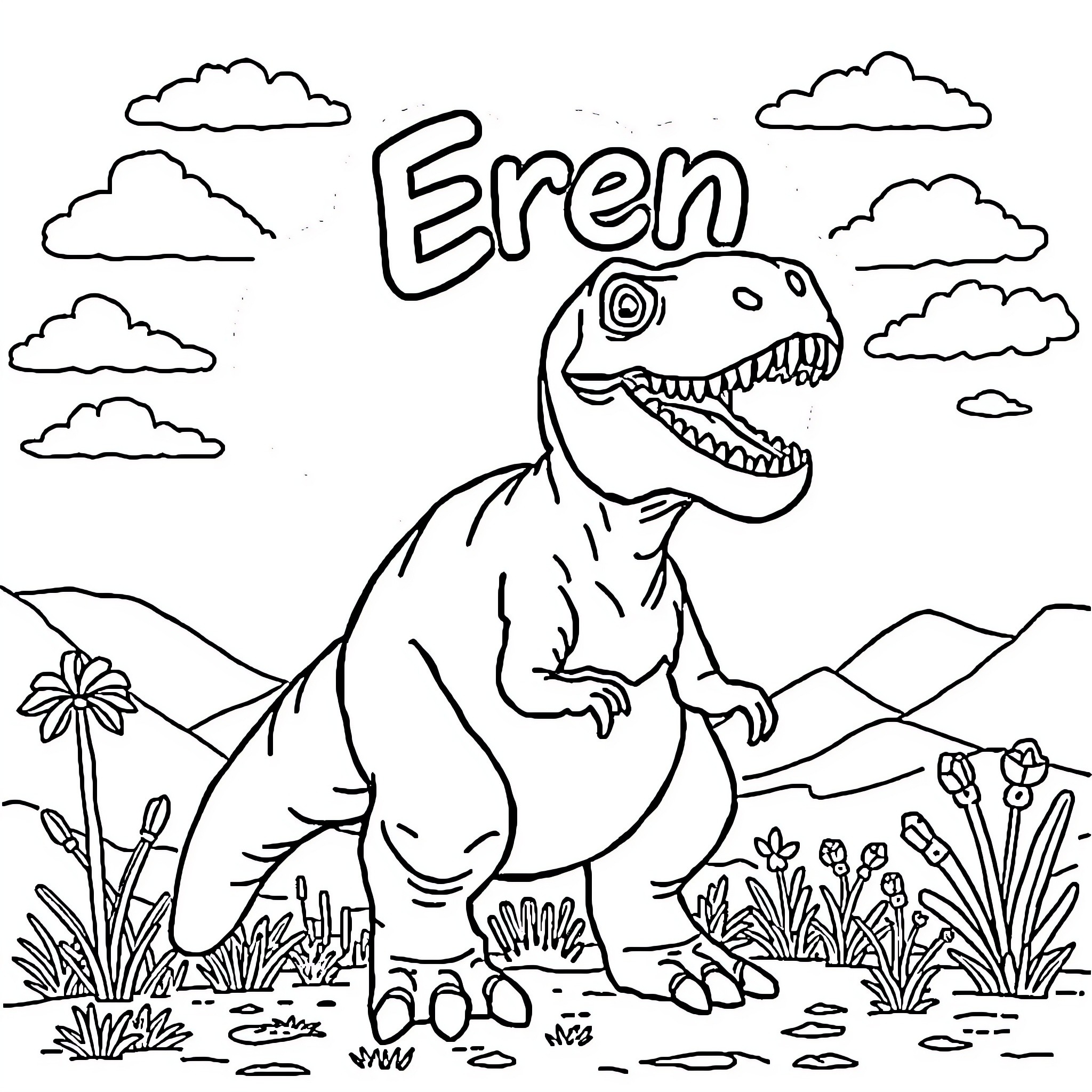 T-Rex stomping through the prehistoric landscape Coloring Page (free black-and-white line drawing printable PDF for all, from beginners to advanced learners, including children, teens, adults, and seniors)