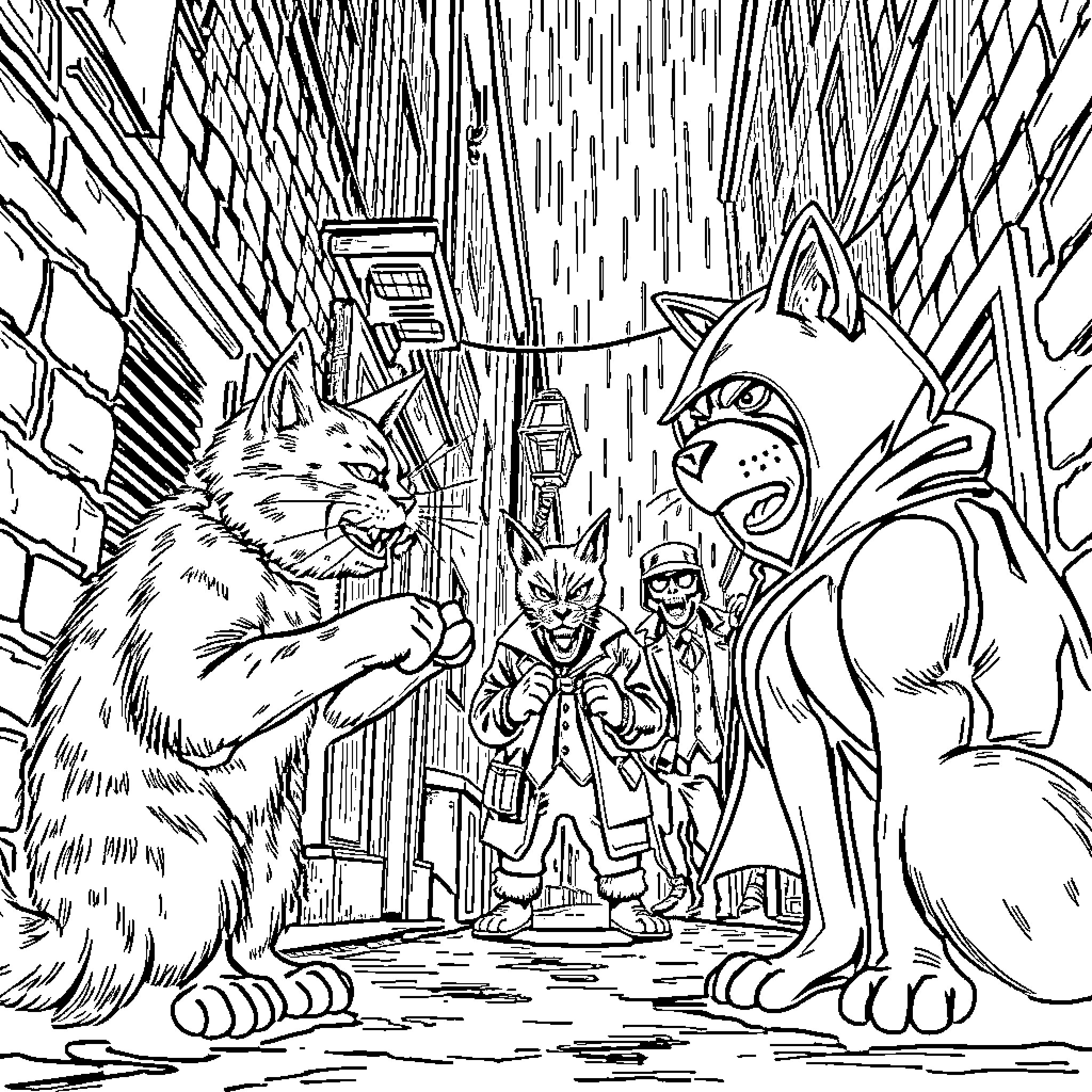 Cat Companions in the City Alleyway Coloring Page (free black-and-white line drawing printable PDF for all, from beginners to advanced learners, including children, teens, adults, and seniors)