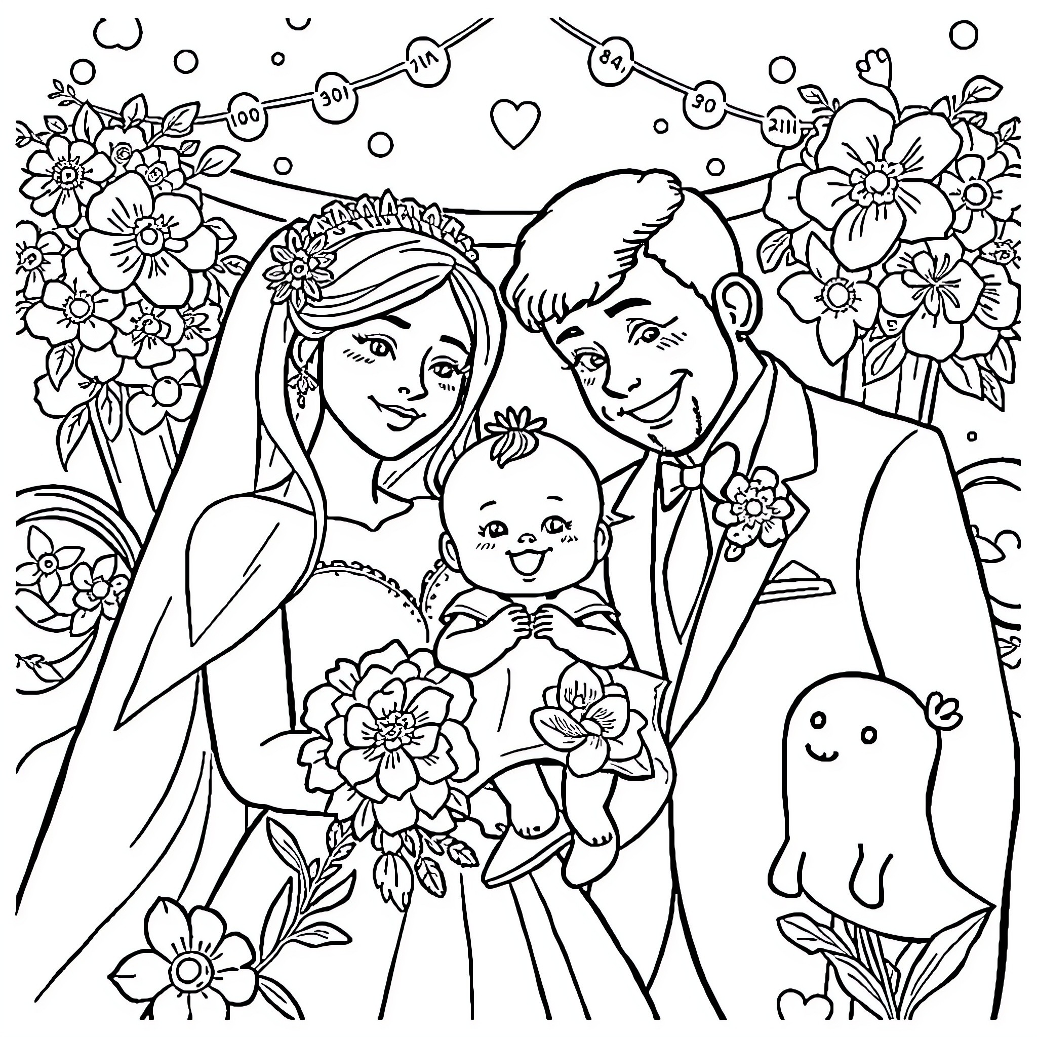Family Celebrating Joyous Occasion with Flowers Coloring Page (free black-and-white line drawing printable PDF for all, from beginners to advanced learners, including children, teens, adults, and seniors)