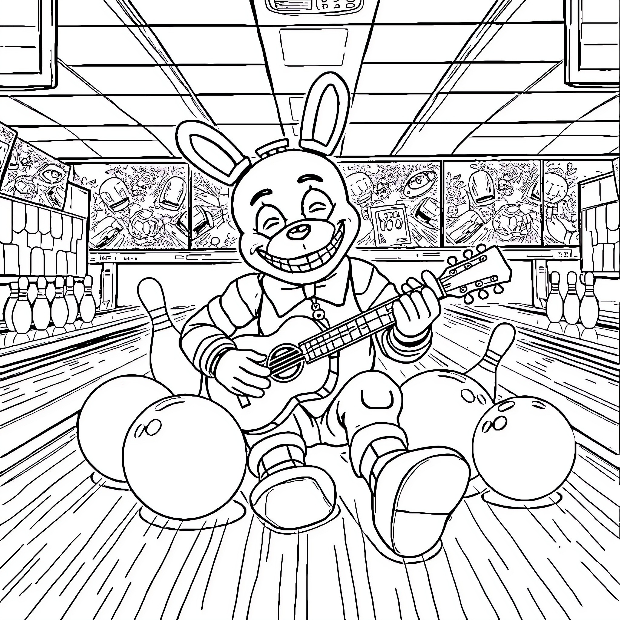 Bonnie the Rabbit's Musical Performance in the Bowling Alley Coloring Page (free black-and-white line drawing printable PDF for all, from beginners to advanced learners, including children, teens, adults, and seniors)