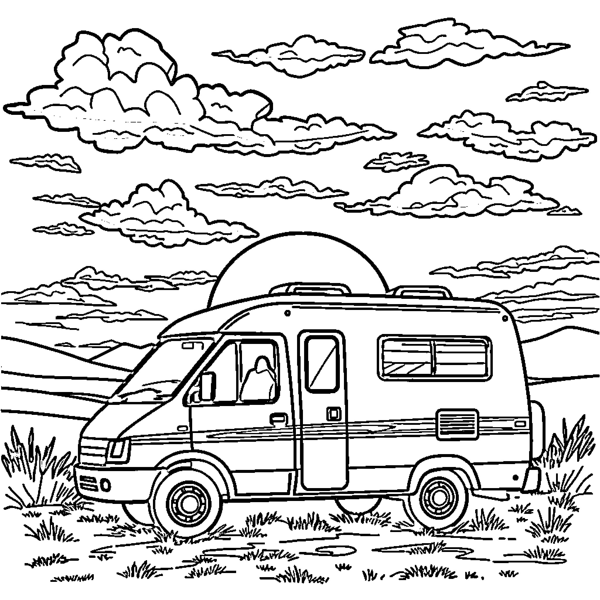Camping Car Adventure in the Scenic Outdoors Coloring Page (free black-and-white line drawing printable PDF for all, from beginners to advanced learners, including children, teens, adults, and seniors)