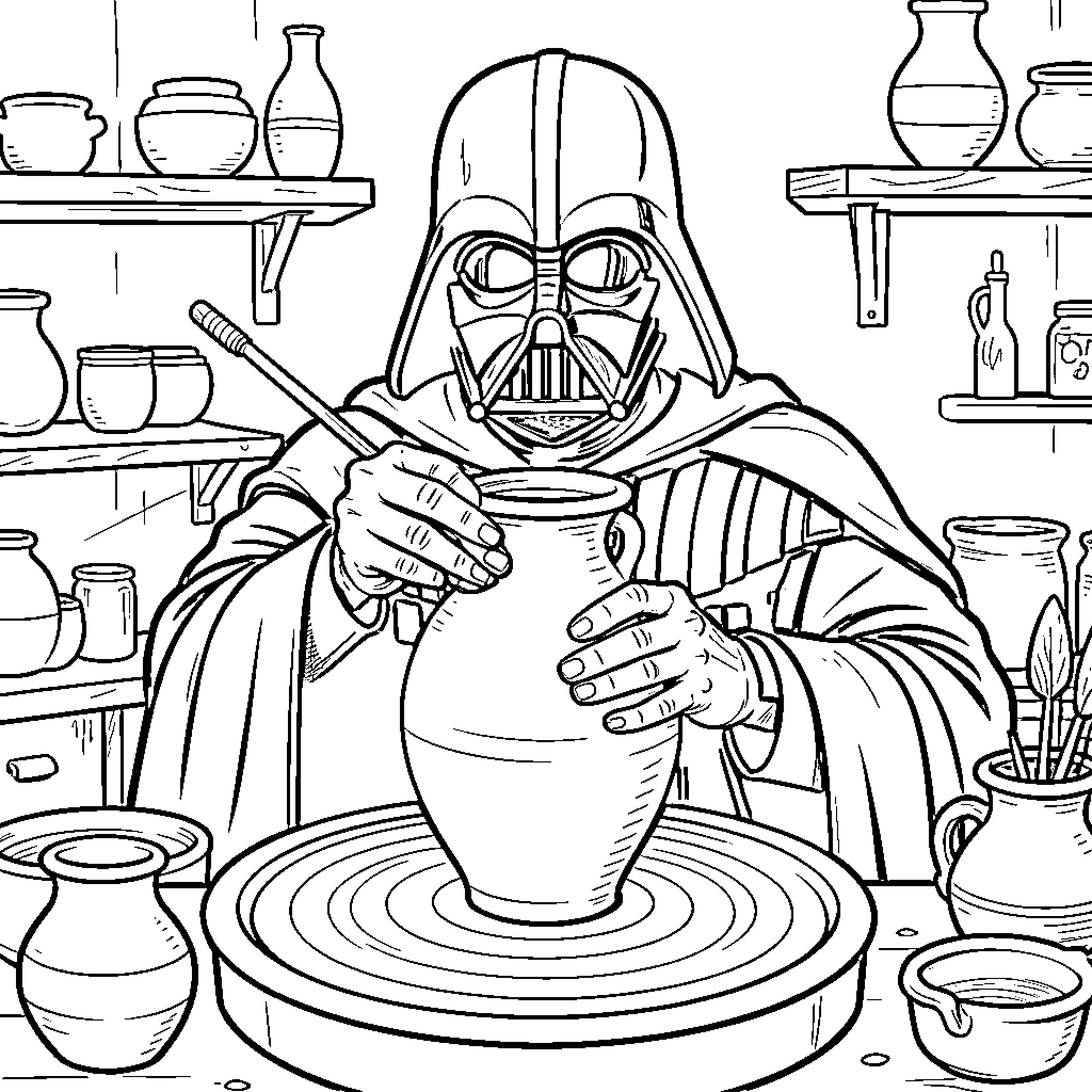 Darth Vader shaping pottery on a spinning wheel Coloring Page (free black-and-white line drawing printable PDF for all, from beginners to advanced learners, including children, teens, adults, and seniors)