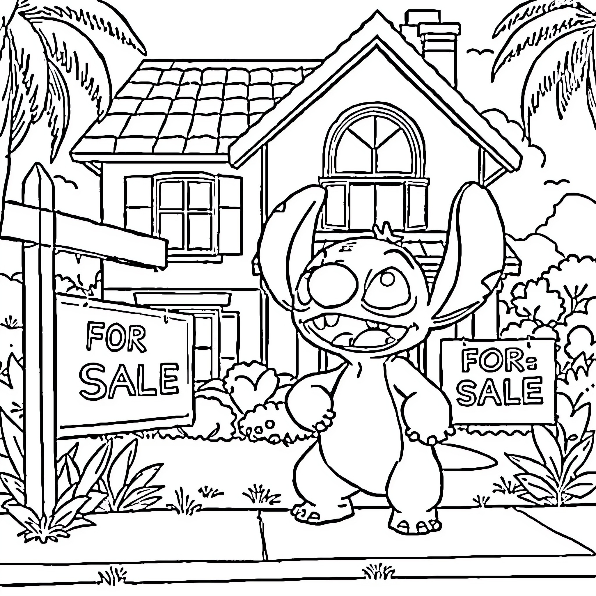 Lilo hosting a For Sale event at her quirky home Coloring Page (free black-and-white line drawing printable PDF for all, from beginners to advanced learners, including children, teens, adults, and seniors)