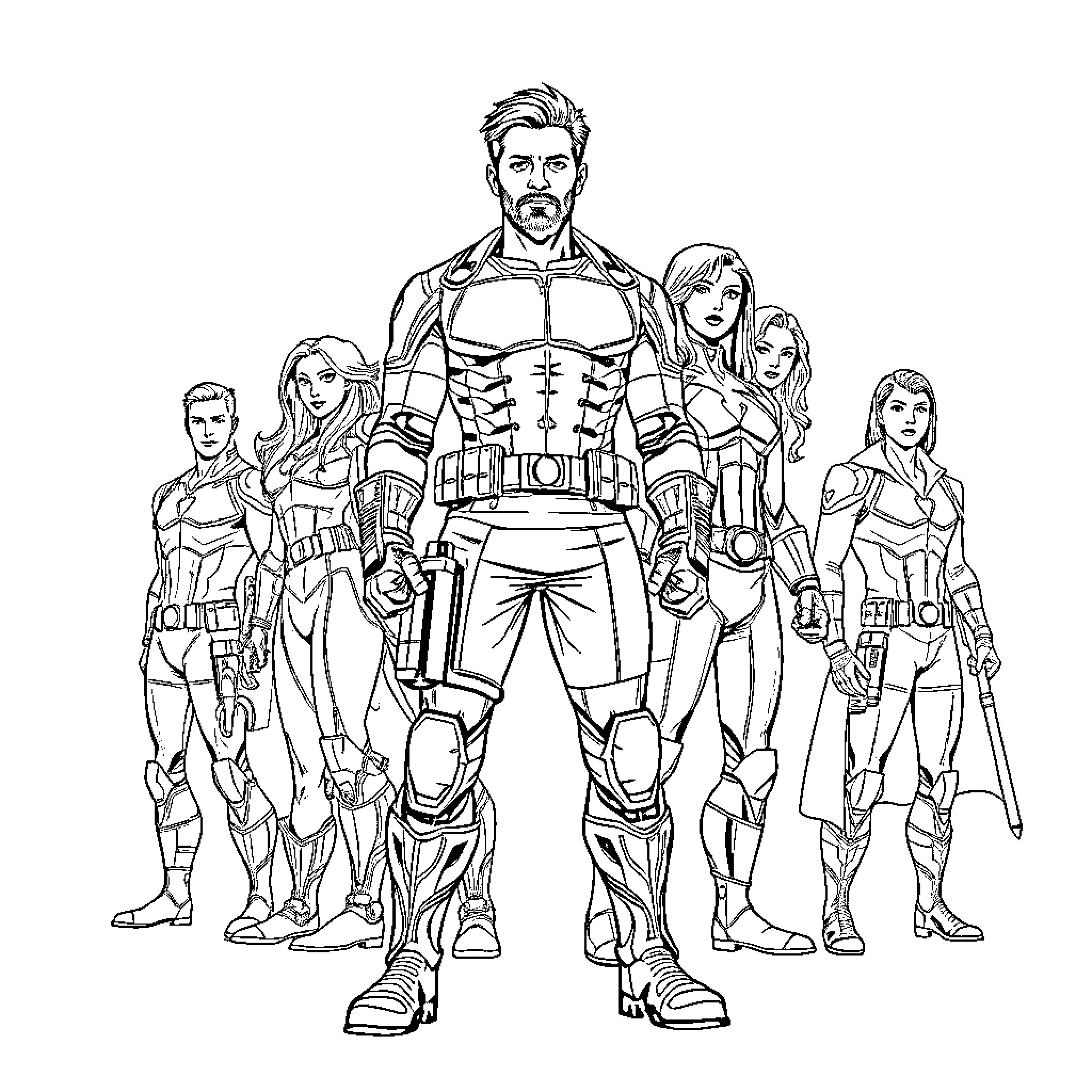 Bucky Barnes leads a team of superheroes in action poses Coloring Page (free black-and-white line drawing printable PDF for all, from beginners to advanced learners, including children, teens, adults, and seniors)