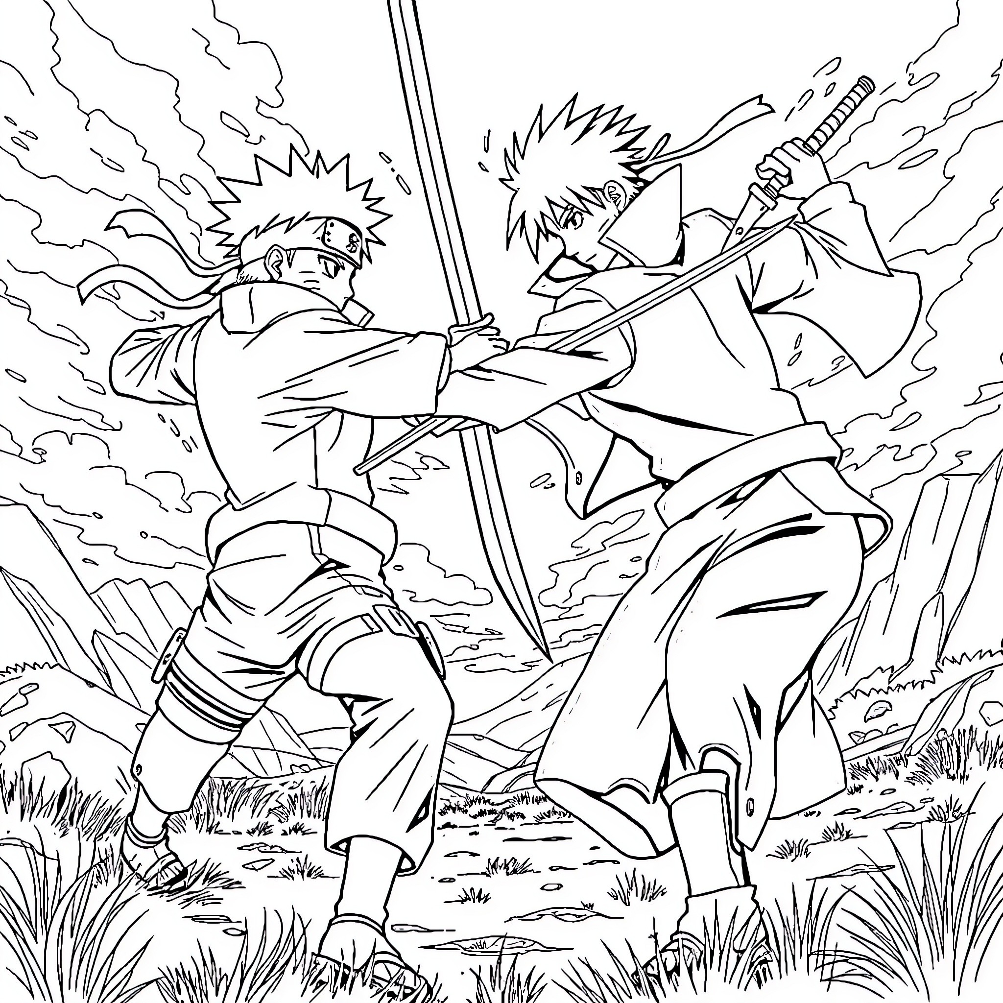 Naruto and Sasuke Engaged in Intense Battle Coloring Page (free black-and-white line drawing printable PDF for all, from beginners to advanced learners, including children, teens, adults, and seniors)