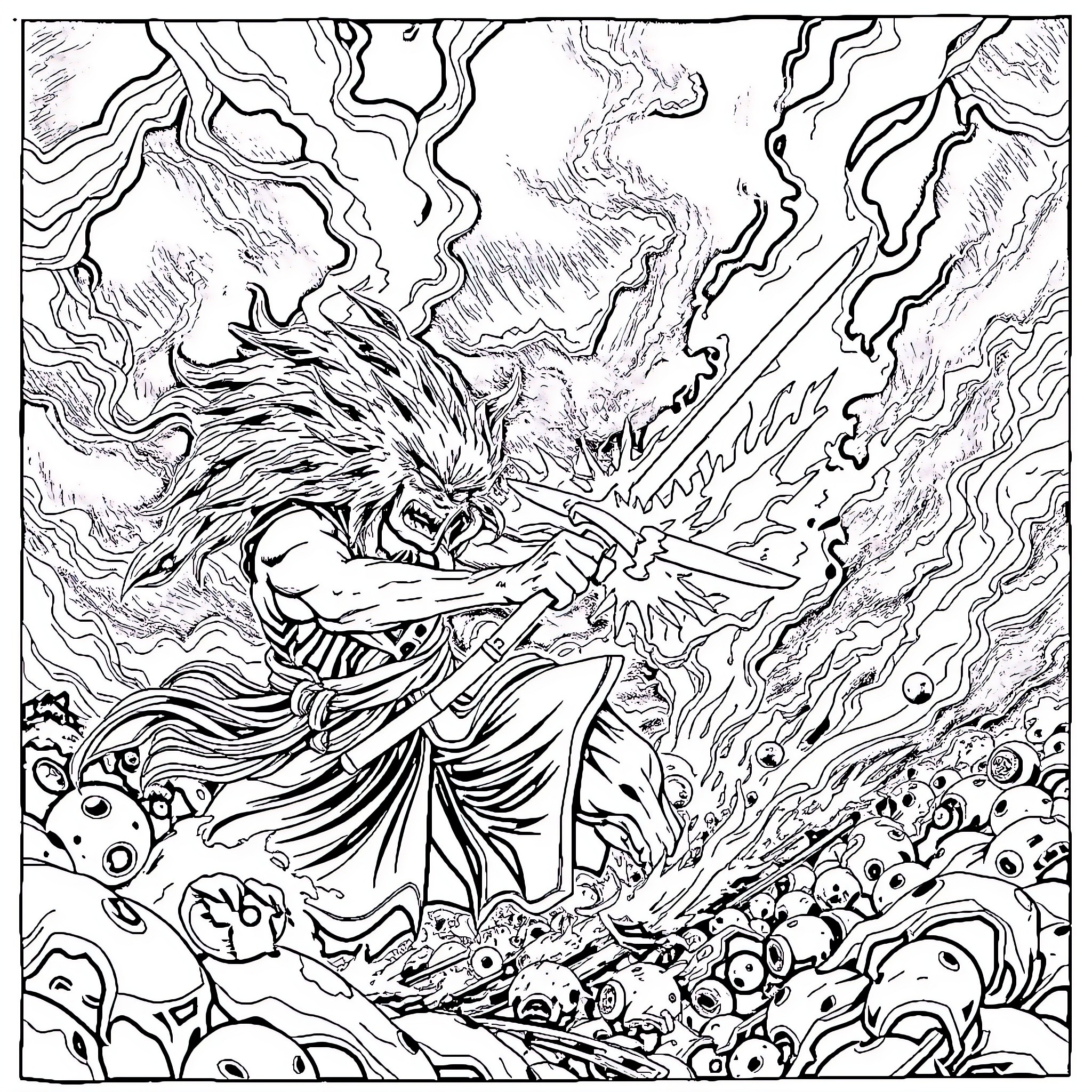 Tanjiro's Powerful Demon Slayer Stance Coloring Page (free black-and-white line drawing printable PDF for all, from beginners to advanced learners, including children, teens, adults, and seniors)