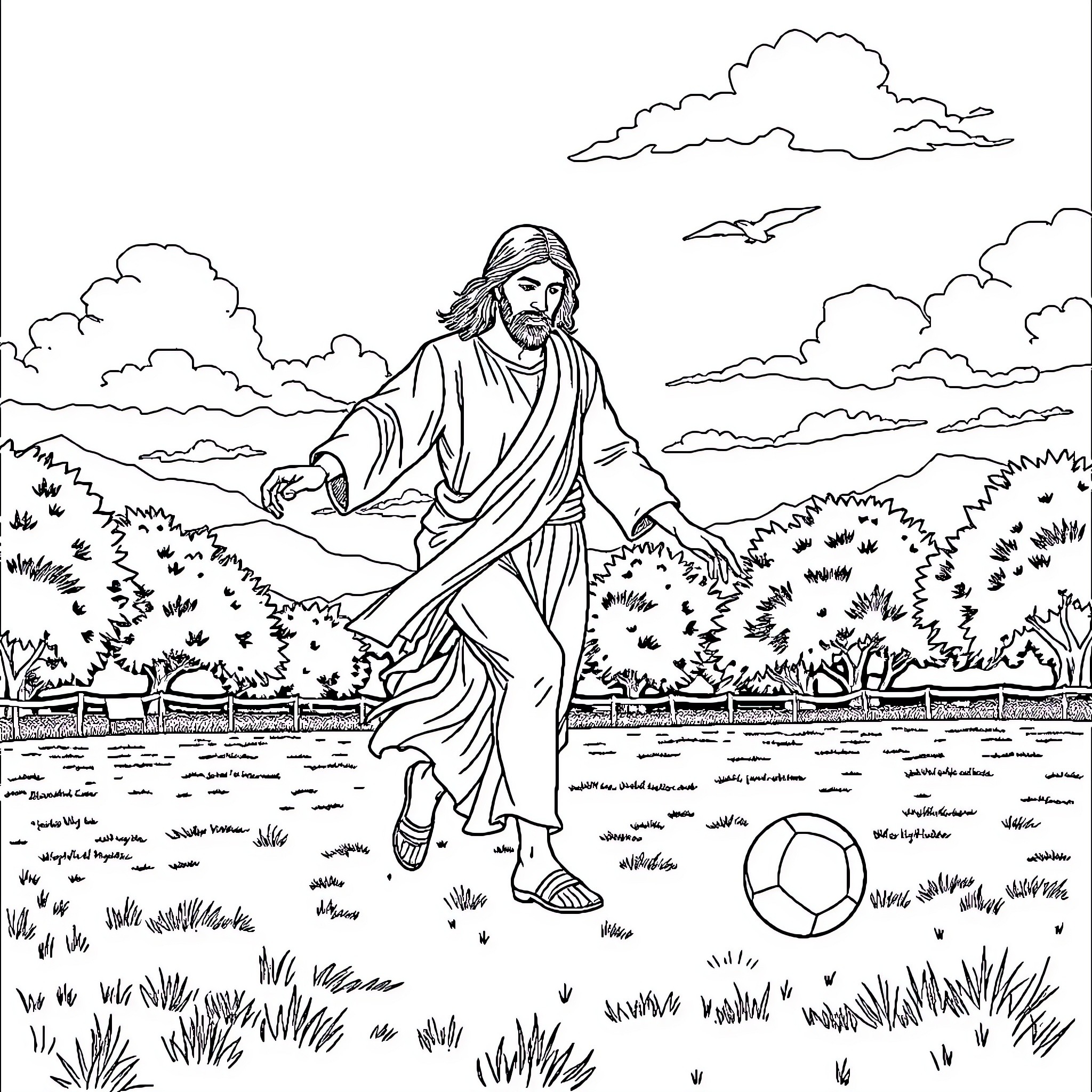 Jesus teaching in a serene outdoor setting Coloring Page (free black-and-white line drawing printable PDF for all, from beginners to advanced learners, including children, teens, adults, and seniors)