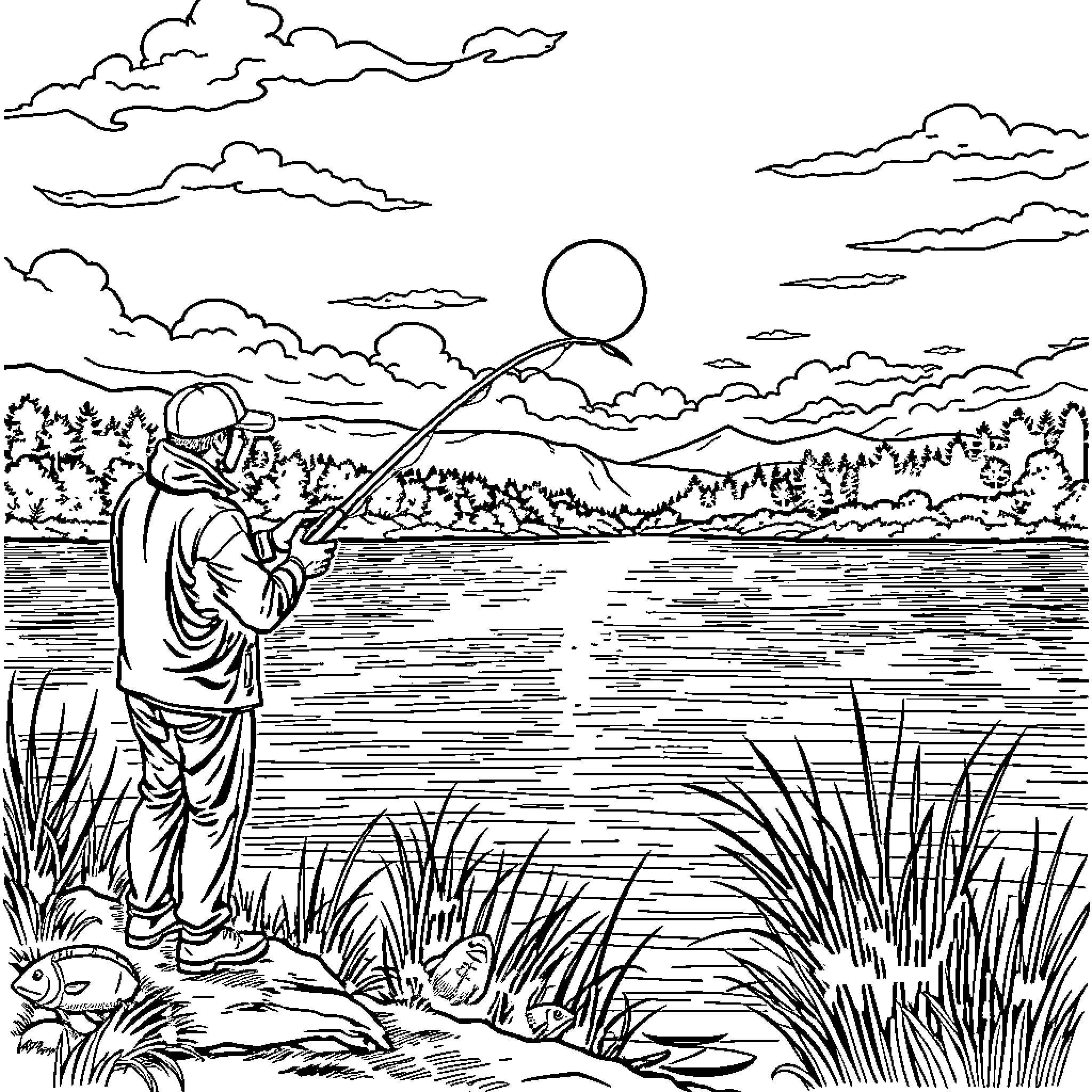 Fishing at the serene lakeside landscape Coloring Page (free black-and-white line drawing printable PDF for all, from beginners to advanced learners, including children, teens, adults, and seniors)