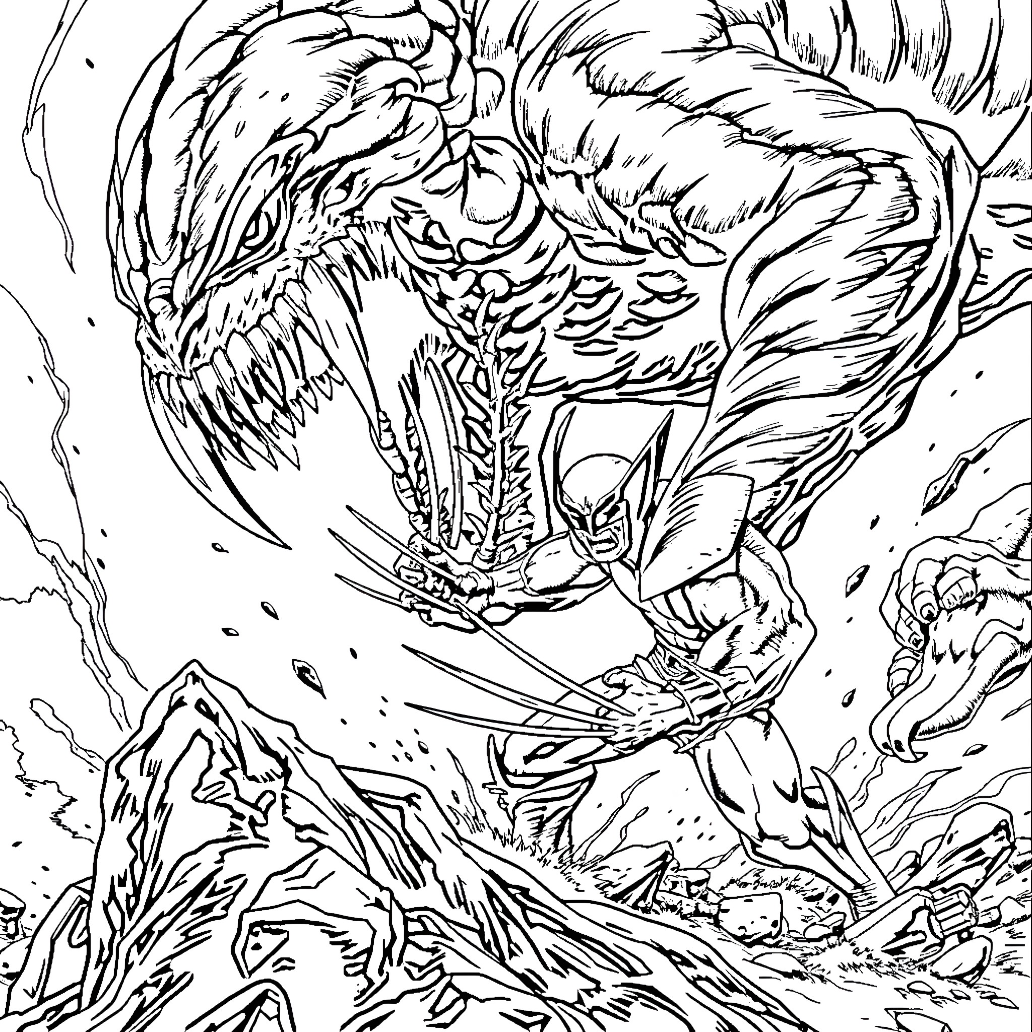 Wolverine battles a fierce dragon in a fiery landscape Coloring Page (free black-and-white line drawing printable PDF for all, from beginners to advanced learners, including children, teens, adults, and seniors)