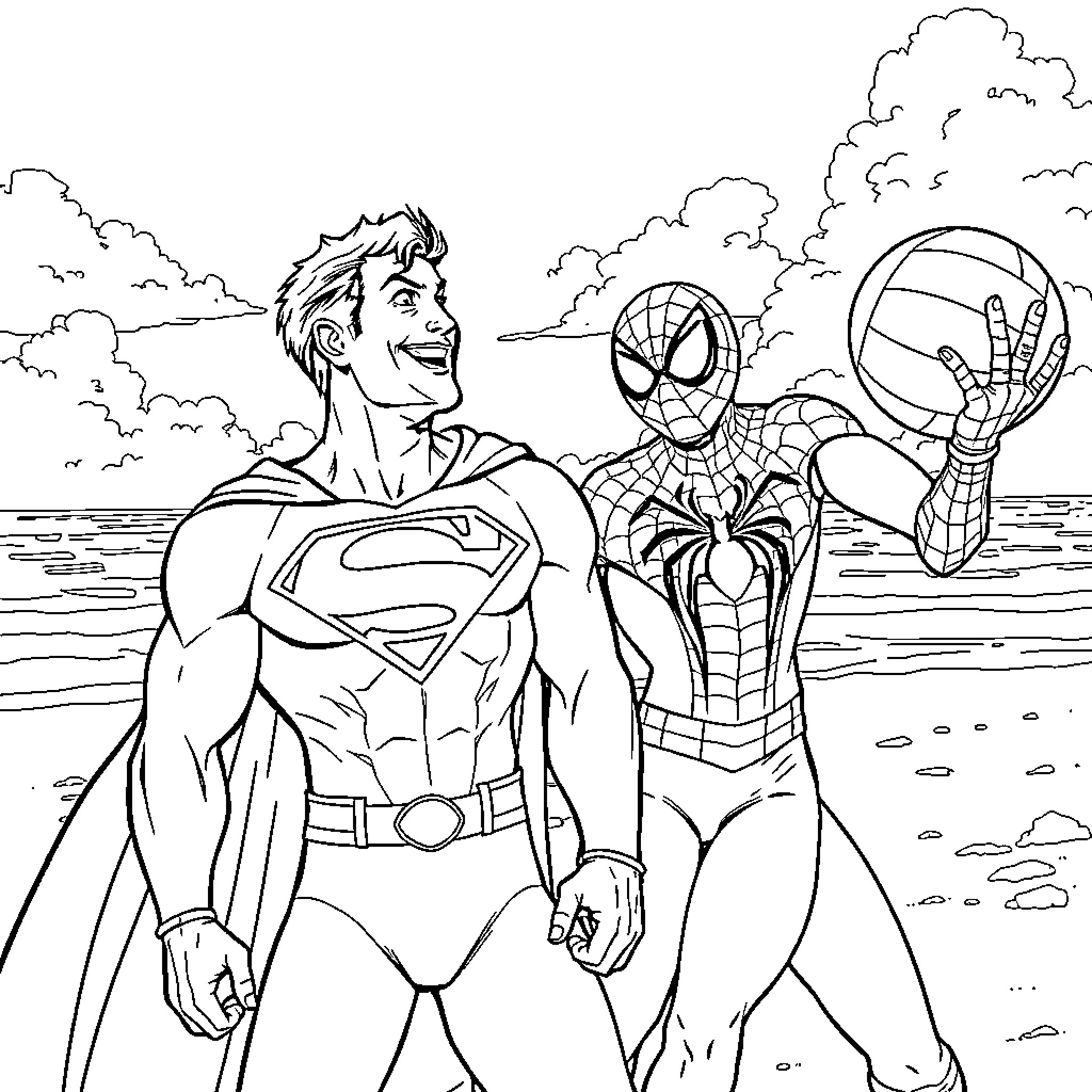 Superman and Spiderman on the beach Coloring Page (free black-and-white line drawing printable PDF for all, from beginners to advanced learners, including children, teens, adults, and seniors)