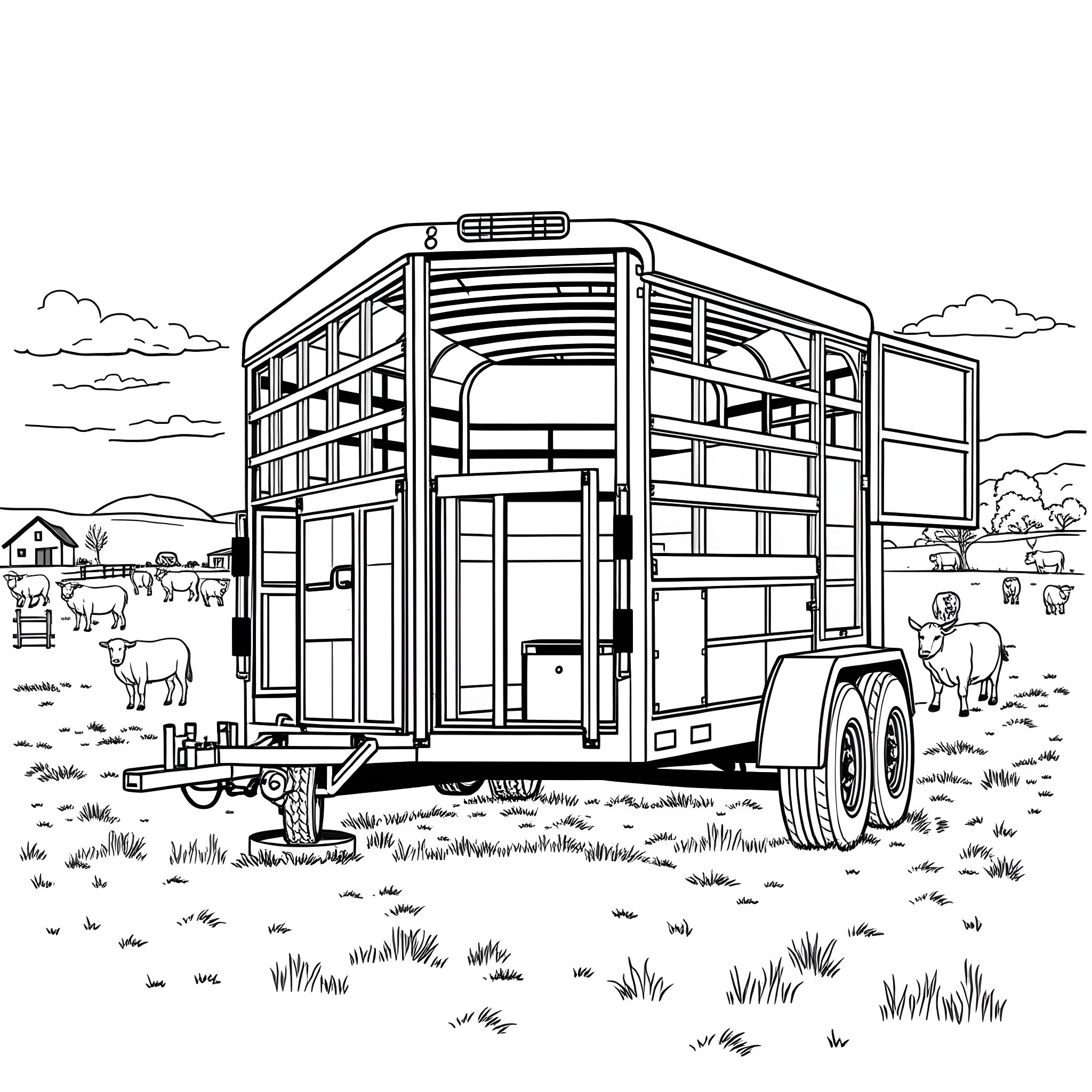 Gooseneck Trailer Transporting Animals in the Countryside Coloring Page (free black-and-white line drawing printable PDF for all, from beginners to advanced learners, including children, teens, adults, and seniors)