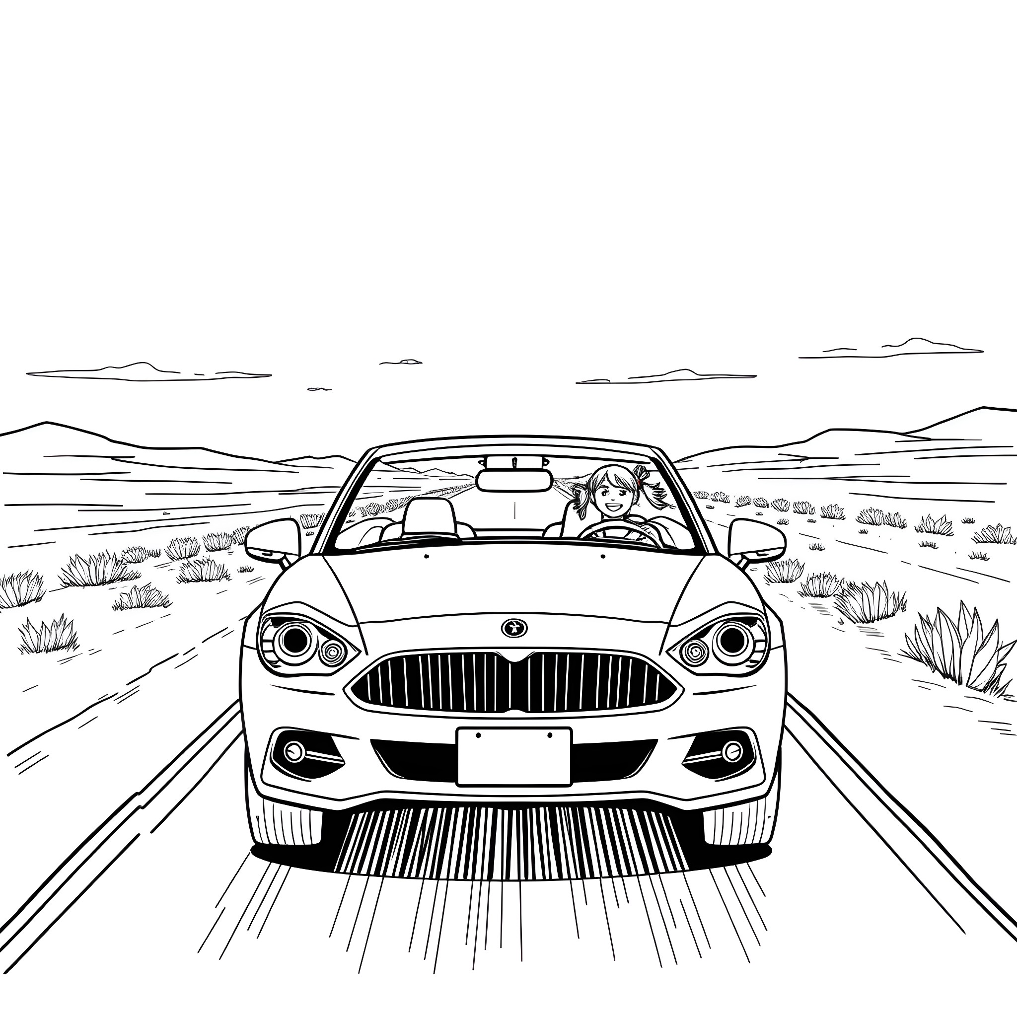 Girl driving sports car on open road Coloring Page (free black-and-white line drawing printable PDF for all, from beginners to advanced learners, including children, teens, adults, and seniors)