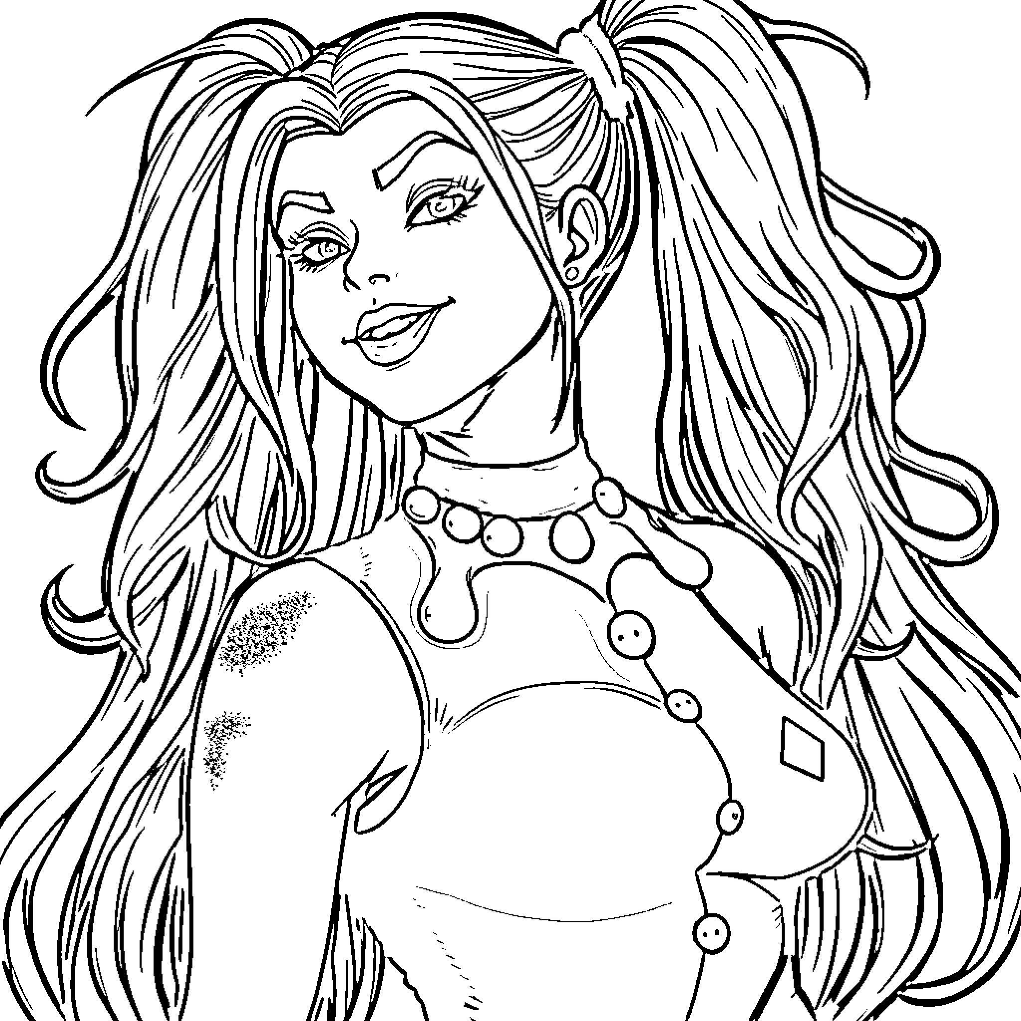 Harley Quinn in bold, stylized attire Coloring Page (free black-and-white line drawing printable PDF for all, from beginners to advanced learners, including children, teens, adults, and seniors)