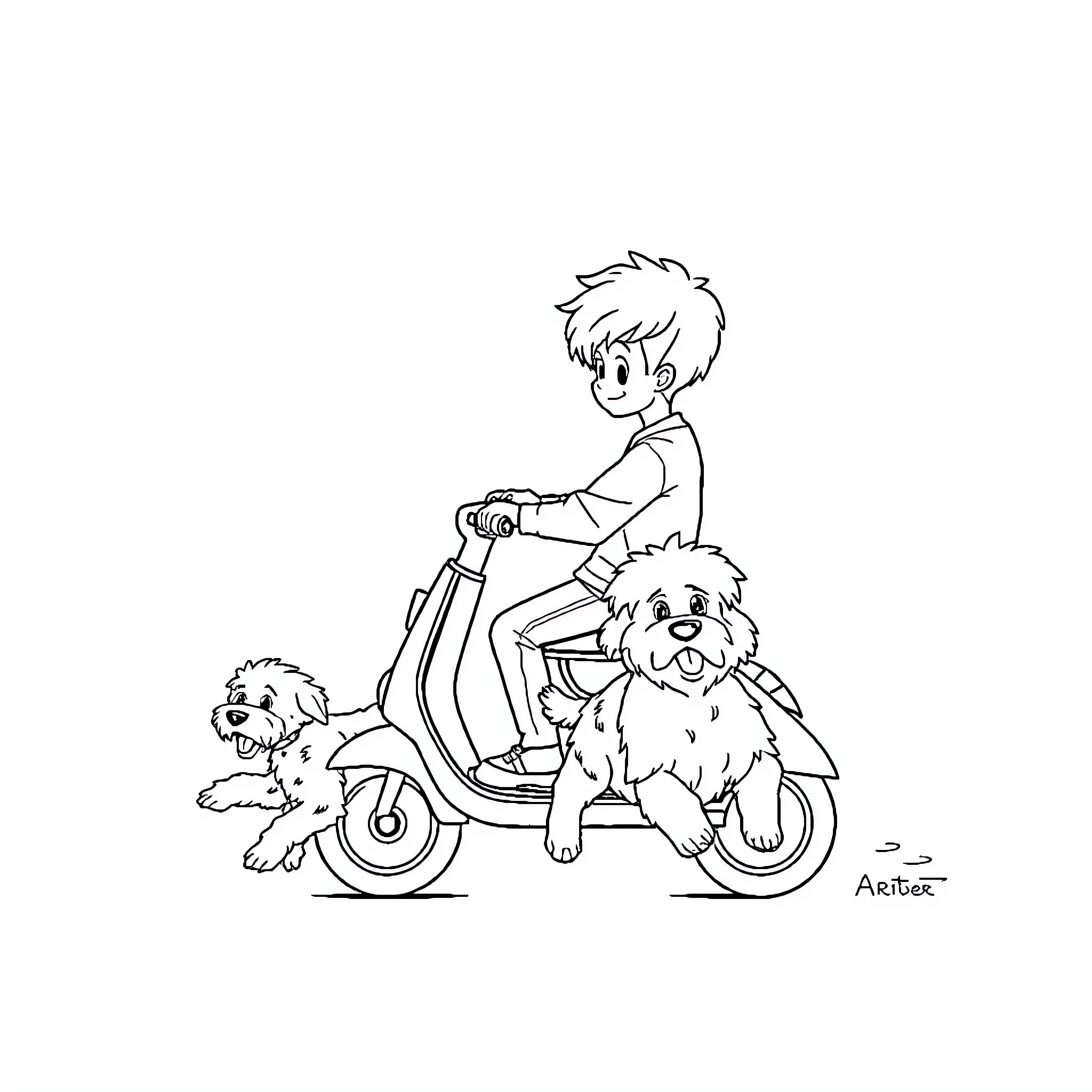Boy riding scooter with dogs Coloring Page (free black-and-white line drawing printable PDF for all, from beginners to advanced learners, including children, teens, adults, and seniors)