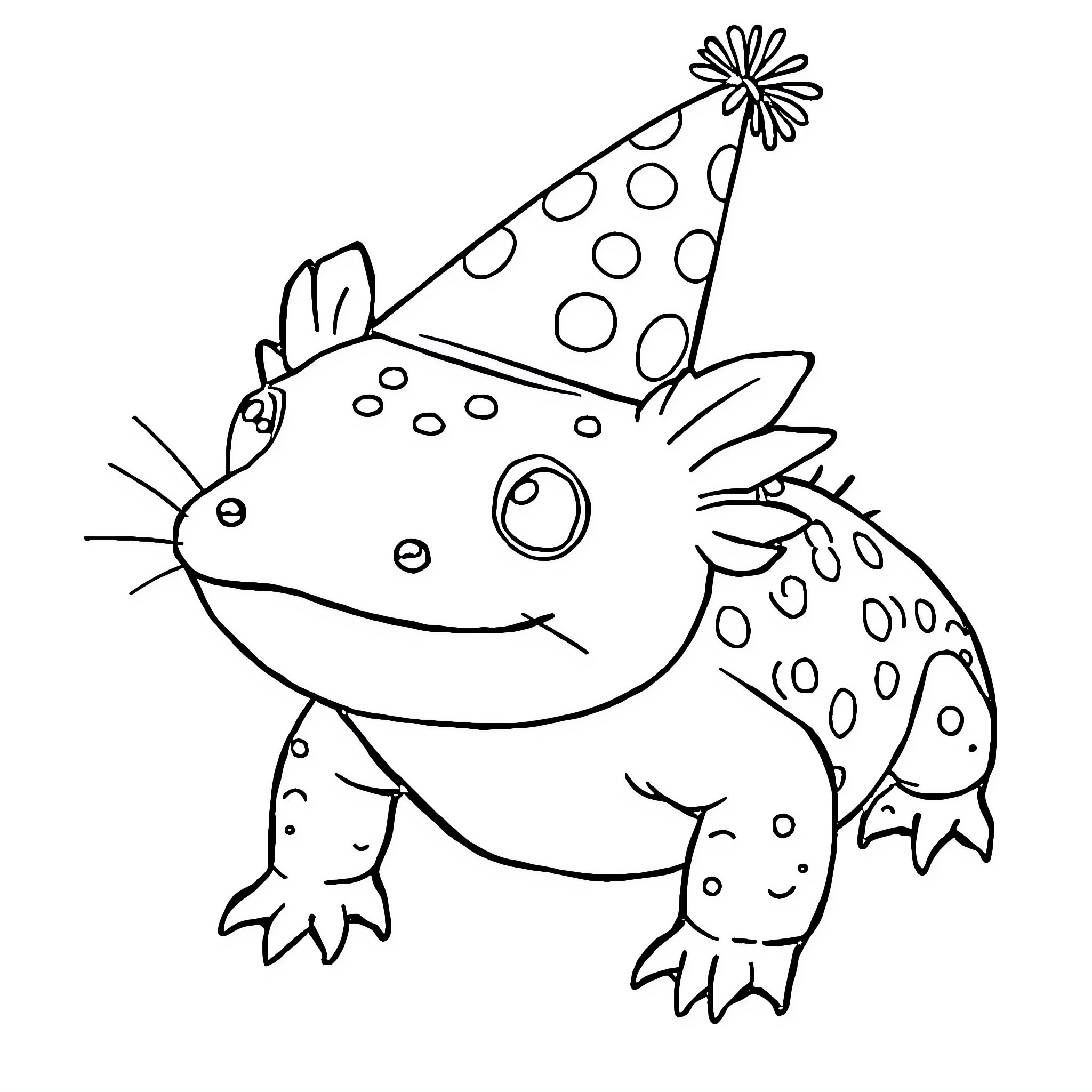 Axolotl wearing a party hat Coloring Page (free black-and-white line drawing printable PDF for all, from beginners to advanced learners, including children, teens, adults, and seniors)