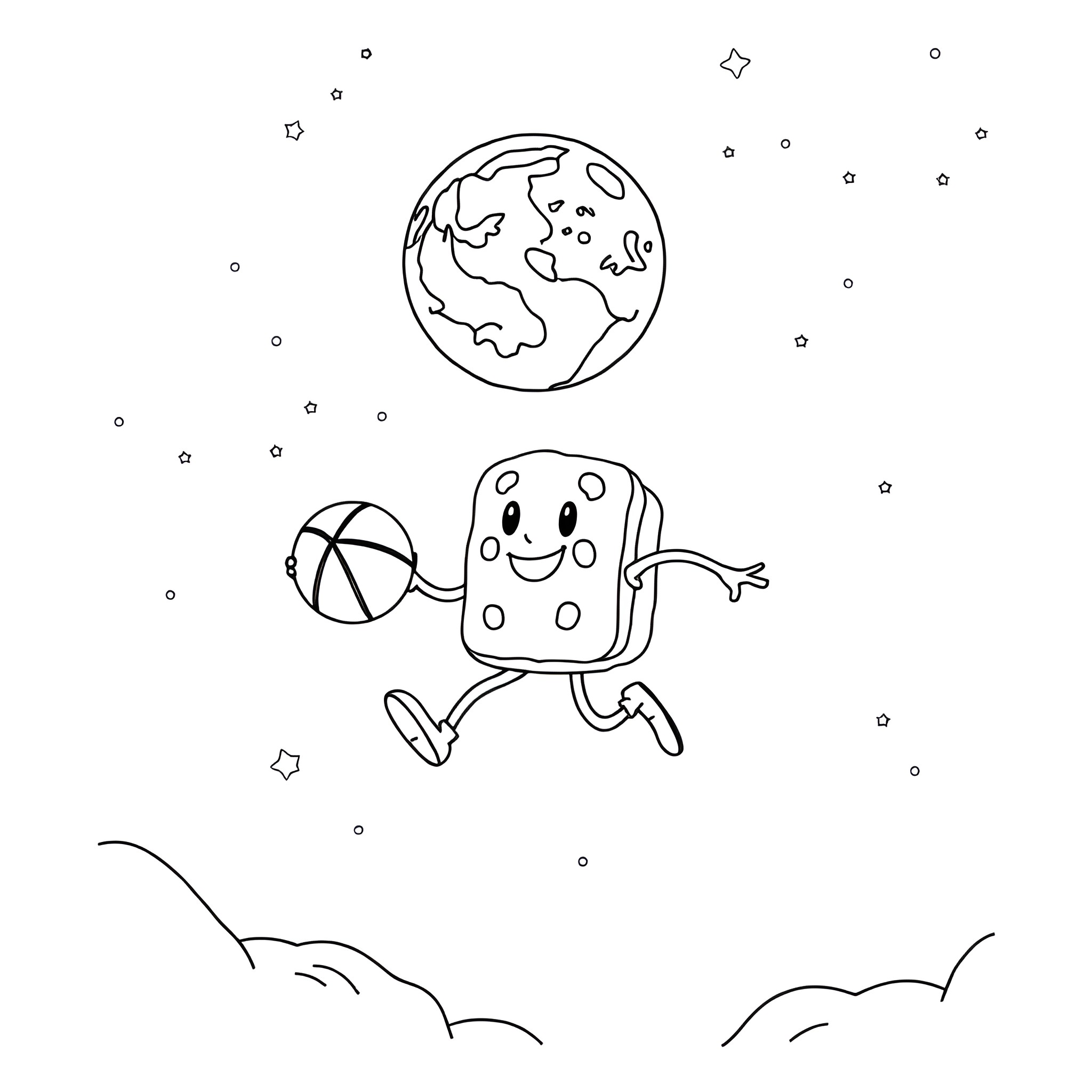Biscuit figure dancing happily in the universe Coloring Page (free black-and-white line drawing printable PDF for all, from beginners to advanced learners, including children, teens, adults, and seniors)