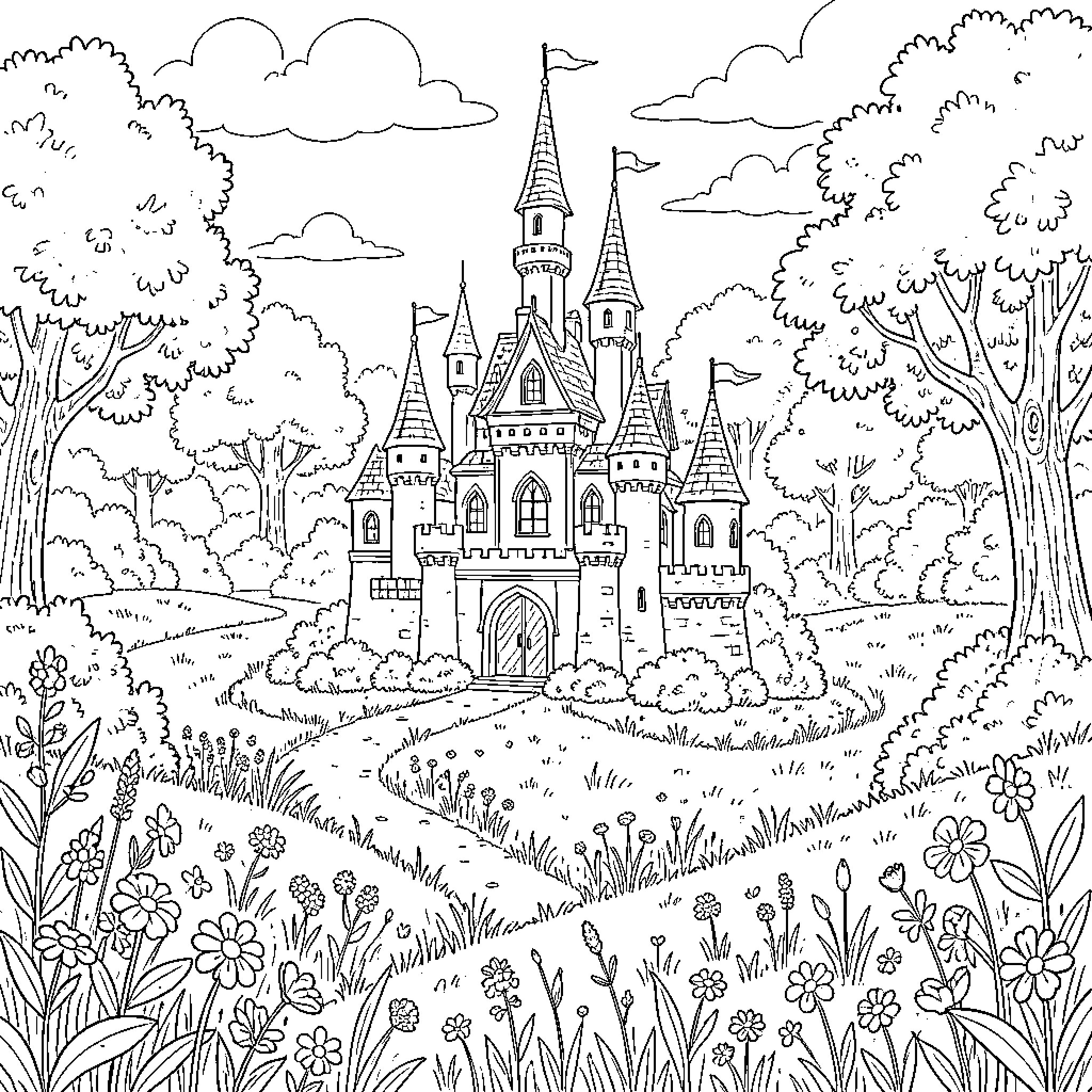 Castle nestled in lush foliage and blooming flowers Coloring Page (free black-and-white line drawing printable PDF for all, from beginners to advanced learners, including children, teens, adults, and seniors)