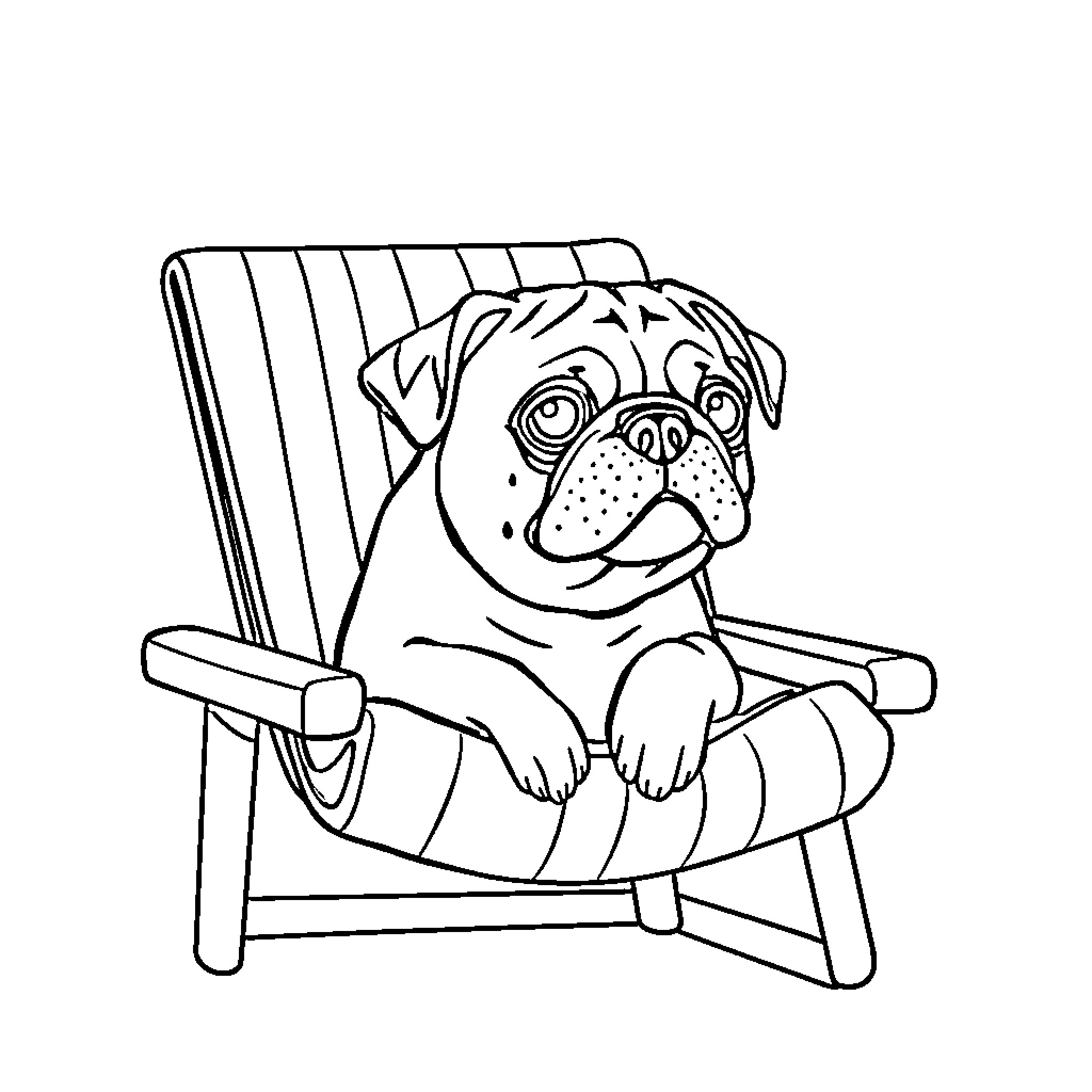 Pug relaxing comfortably in a beach chair Coloring Page (free black-and-white line drawing printable PDF for all, from beginners to advanced learners, including children, teens, adults, and seniors)