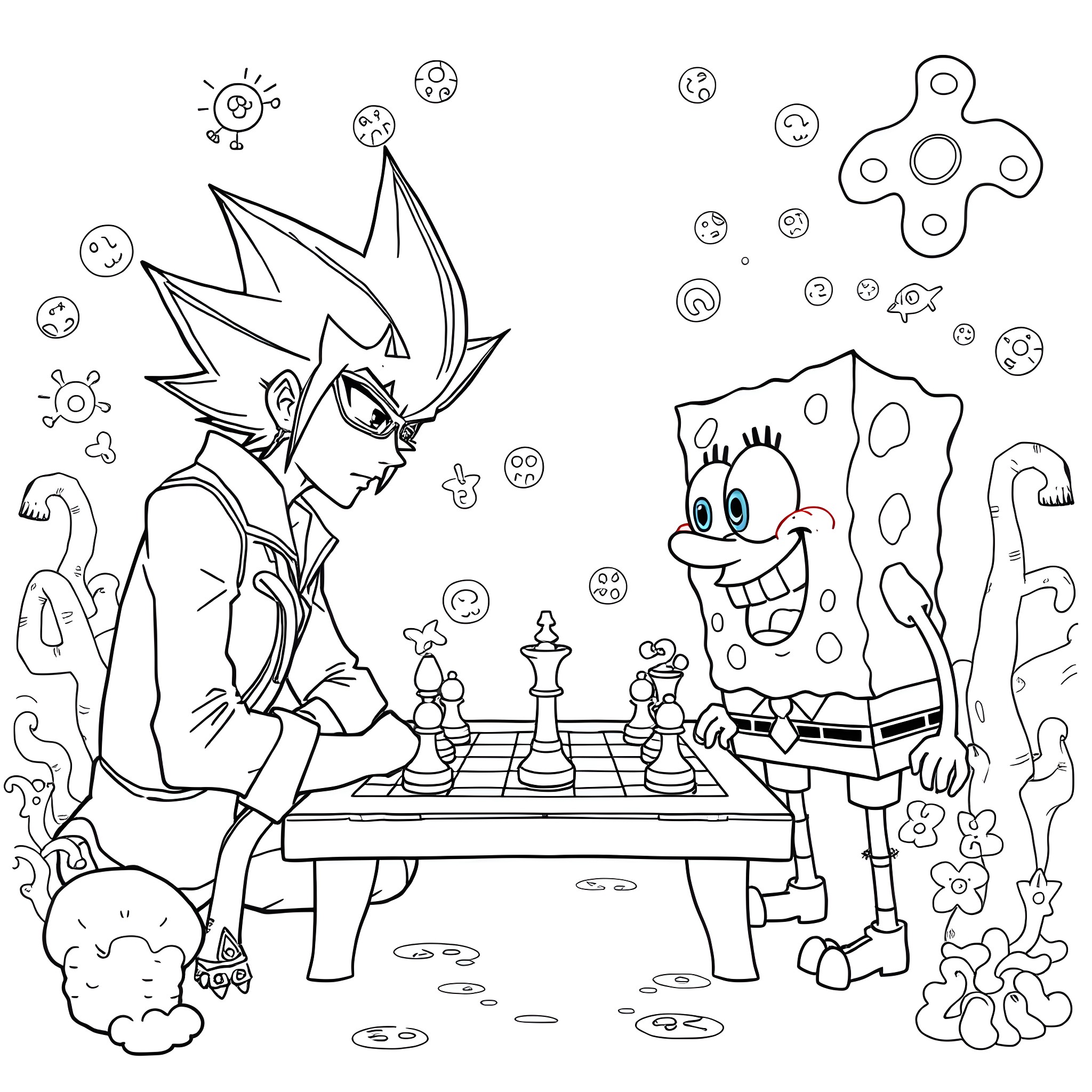 Yugi Moto playing chess with SpongeBob Coloring Page (free black-and-white line drawing printable PDF for all, from beginners to advanced learners, including children, teens, adults, and seniors)