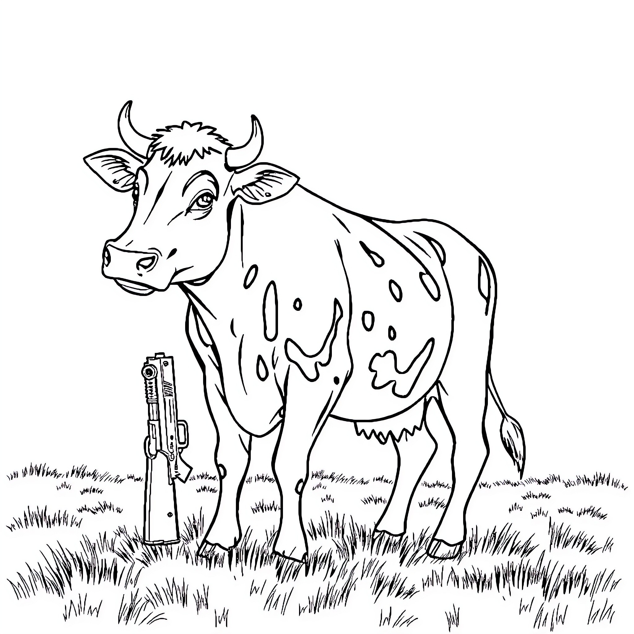 Cow standing in a grassy field Coloring Page (free black-and-white line drawing printable PDF for all, from beginners to advanced learners, including children, teens, adults, and seniors)
