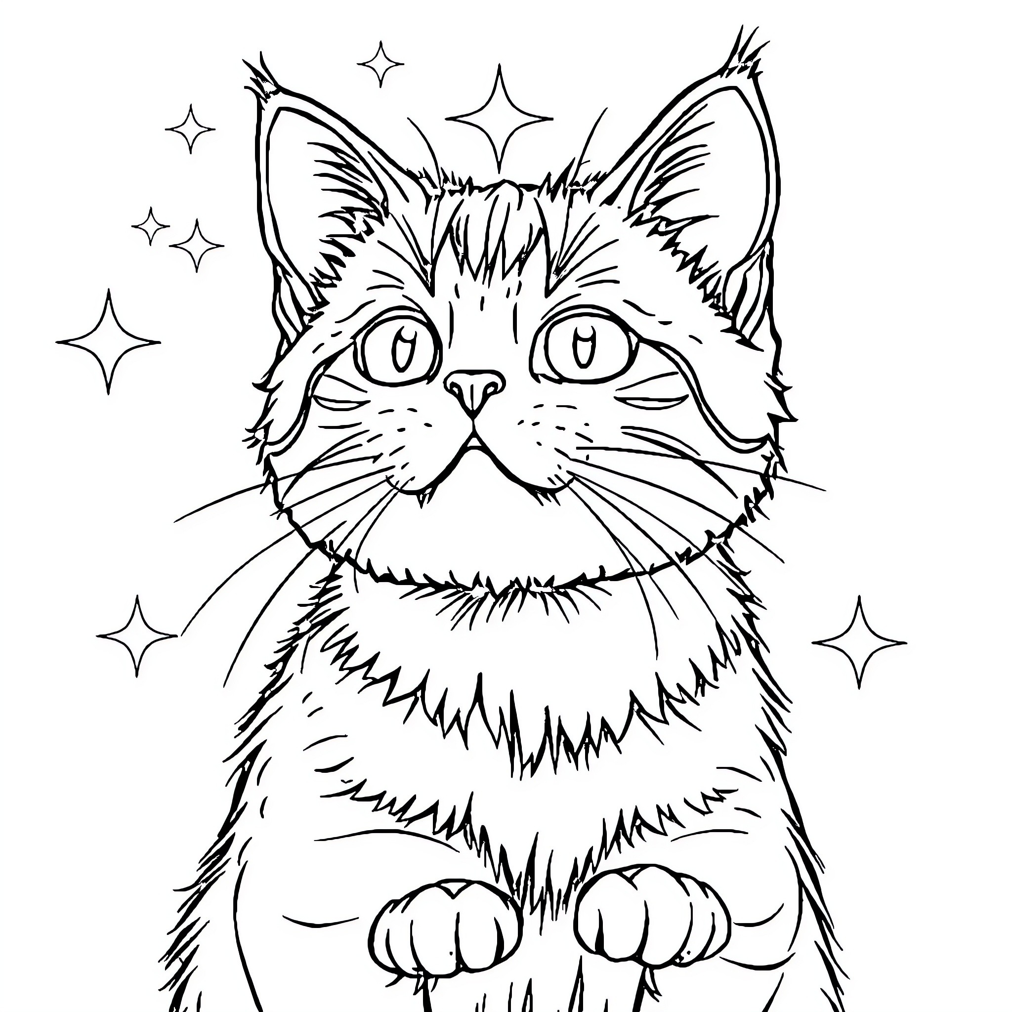 Cat with Mystical Sparkles Coloring Page (free black-and-white line drawing printable PDF for all, from beginners to advanced learners, including children, teens, adults, and seniors)