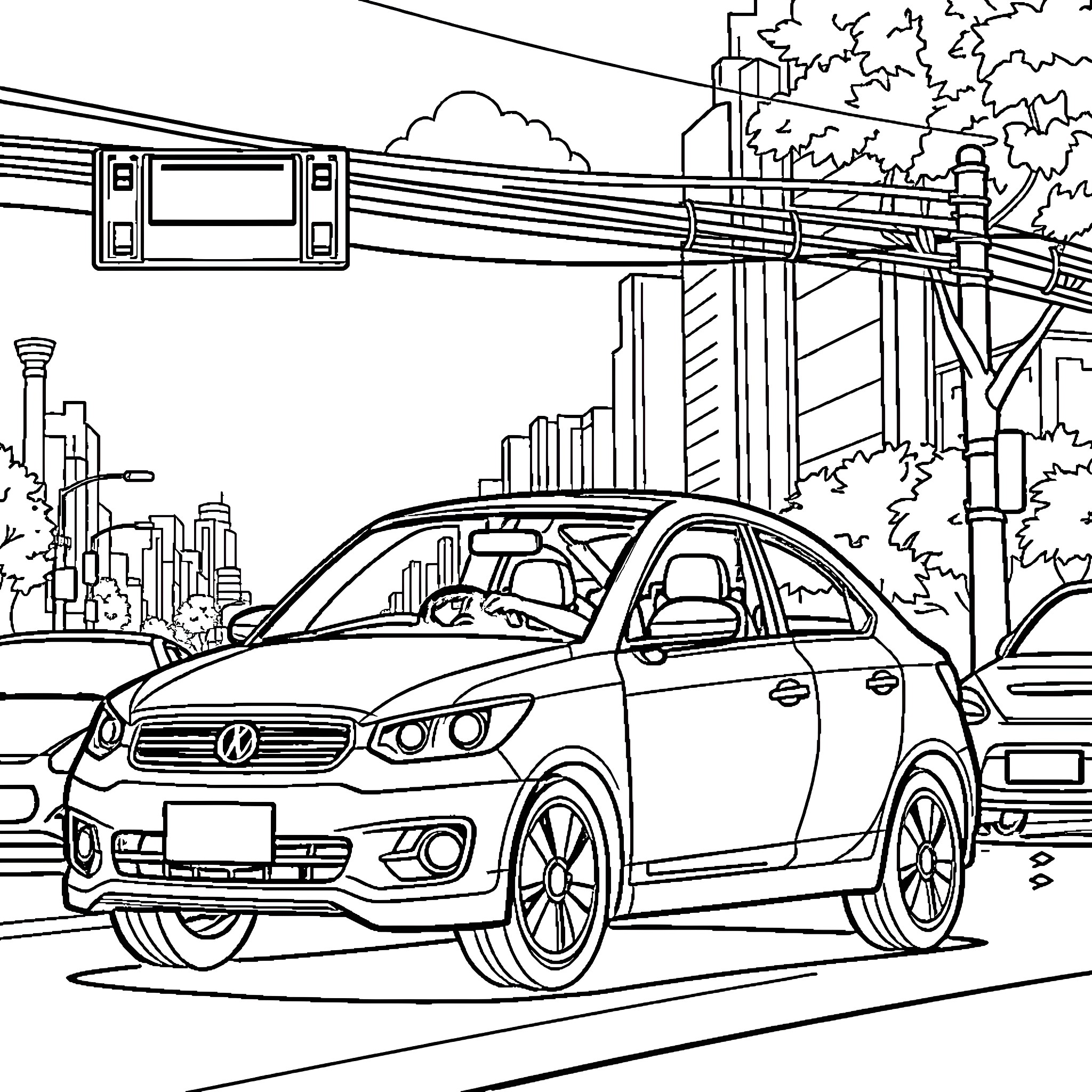 Car driving through urban landscape Coloring Page (free black-and-white line drawing printable PDF for all, from beginners to advanced learners, including children, teens, adults, and seniors)