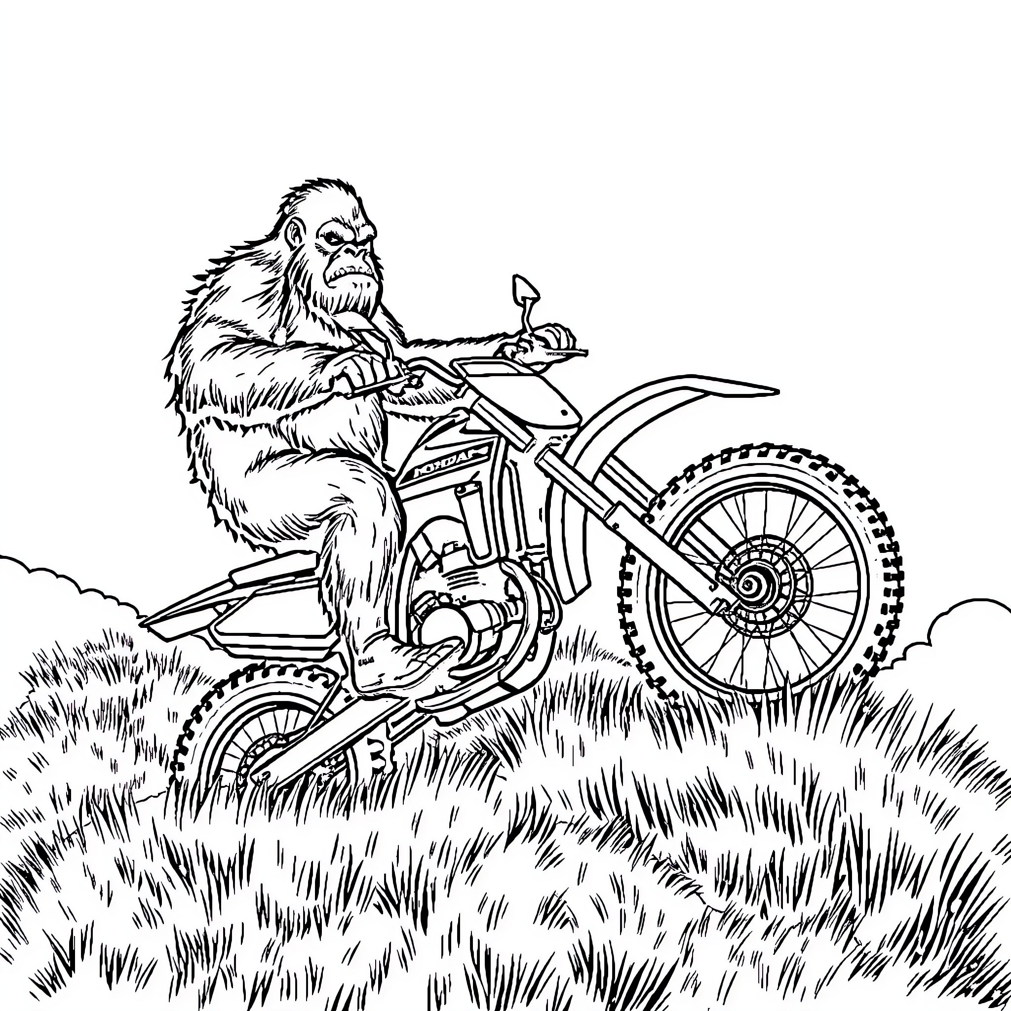Bigfoot riding a motorcycle through the wilderness Coloring Page (free black-and-white line drawing printable PDF for all, from beginners to advanced learners, including children, teens, adults, and seniors)