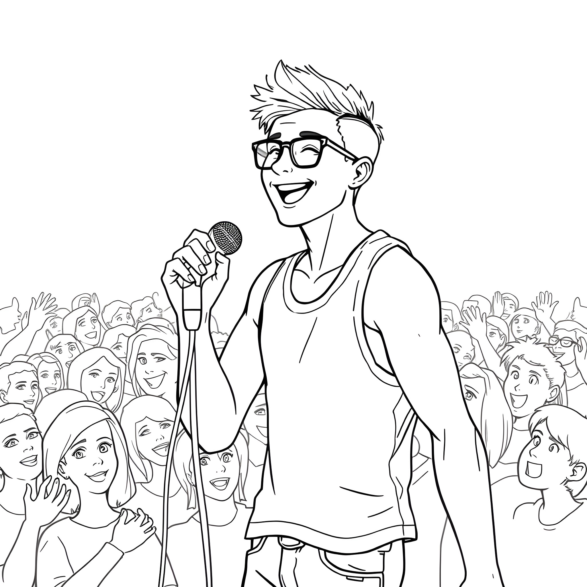 Guy cheerfully performing on stage in front of a crowd Coloring Page (free black-and-white line drawing printable PDF for all, from beginners to advanced learners, including children, teens, adults, and seniors)