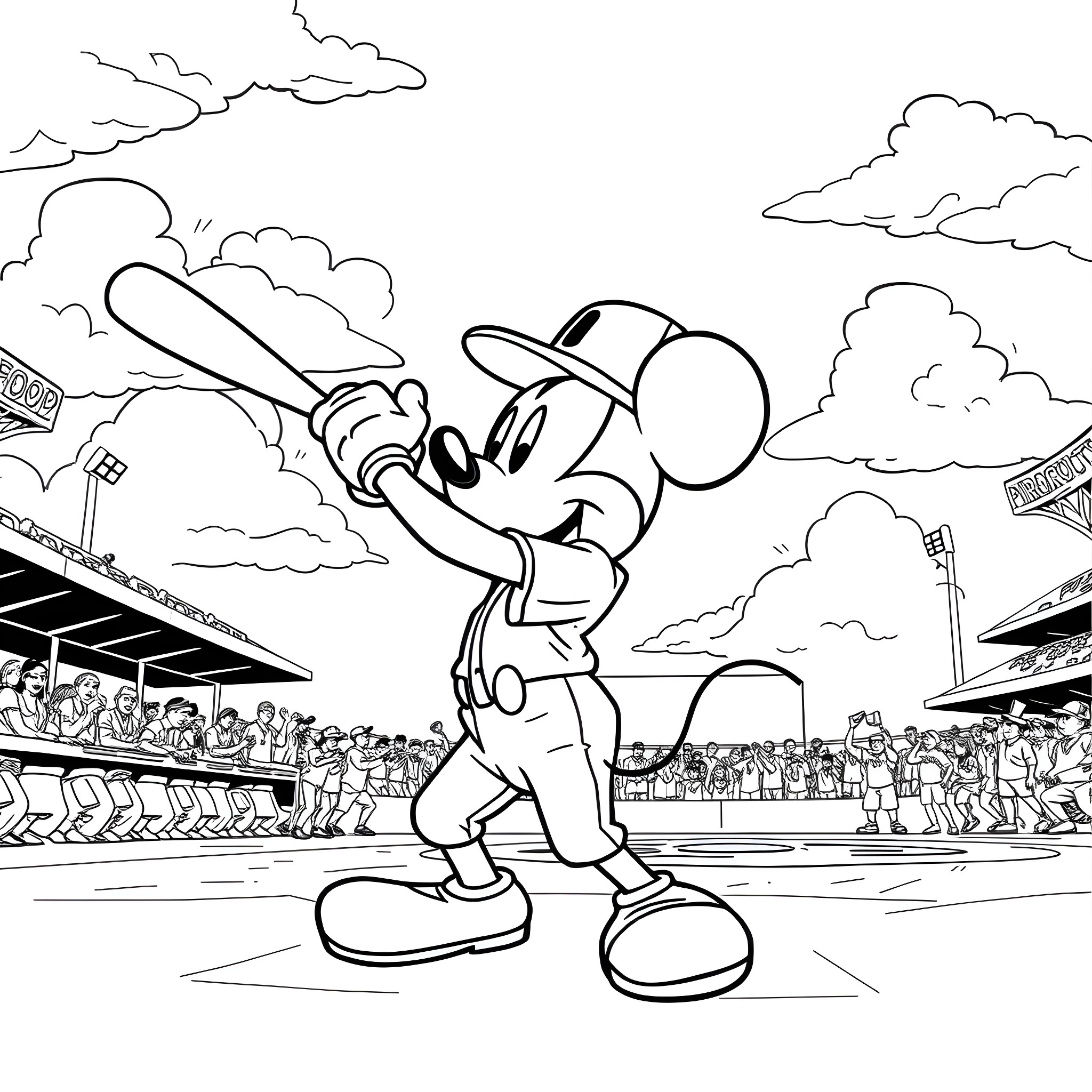 Mickey Mouse playing baseball on the field Coloring Page (free black-and-white line drawing printable PDF for all, from beginners to advanced learners, including children, teens, adults, and seniors)