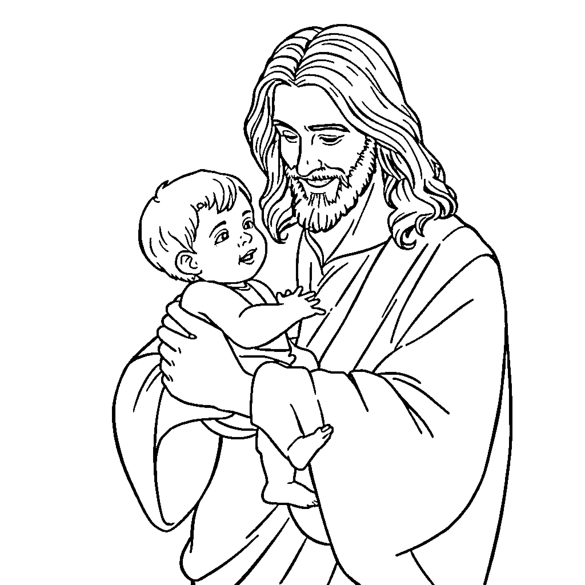Jesus Embracing and Comforting a Child Coloring Page (free black-and-white line drawing printable PDF for all, from beginners to advanced learners, including children, teens, adults, and seniors)