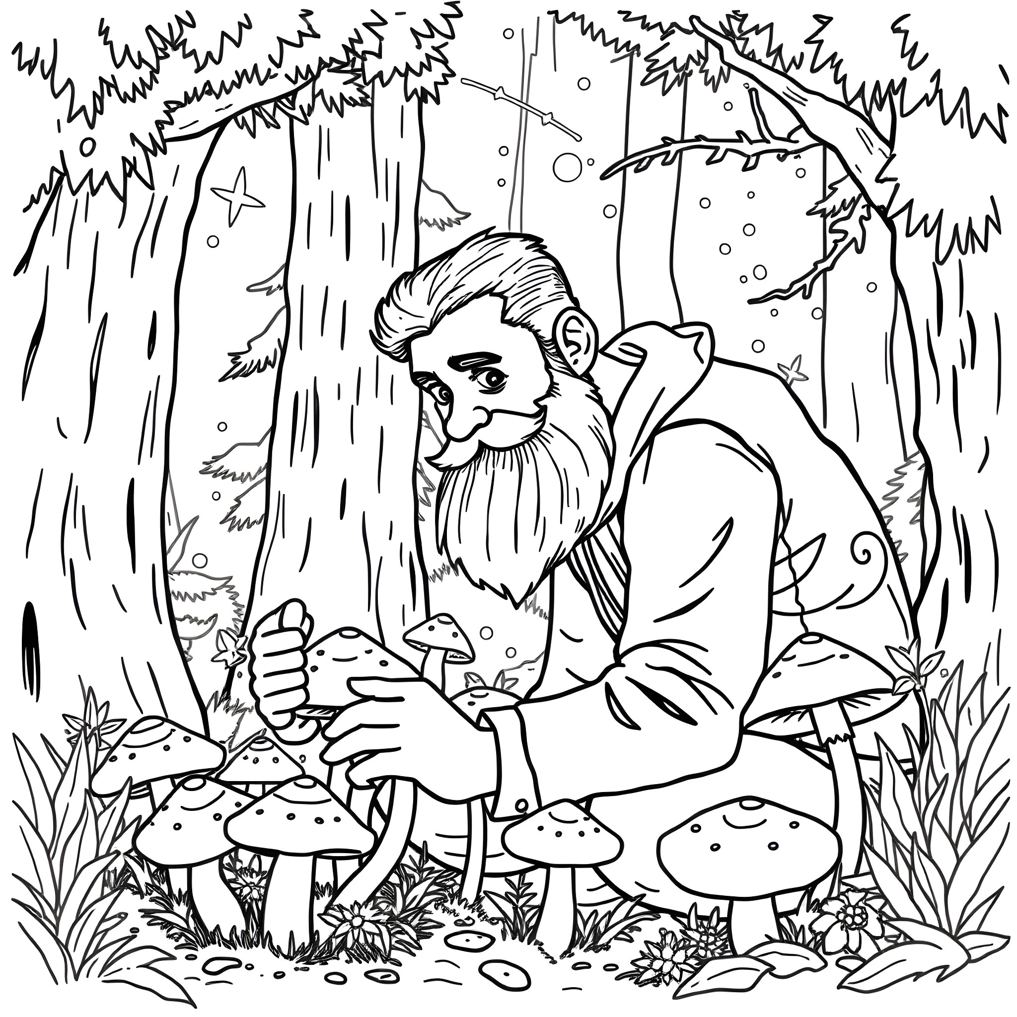 Guy exploring the enchanted forest at night Coloring Page (free black-and-white line drawing printable PDF for all, from beginners to advanced learners, including children, teens, adults, and seniors)