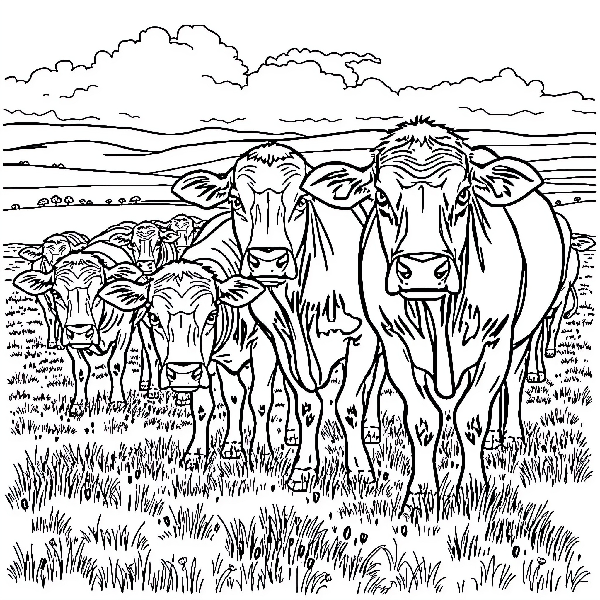 Cow herd grazing peacefully in a scenic meadow Coloring Page (free black-and-white line drawing printable PDF for all, from beginners to advanced learners, including children, teens, adults, and seniors)
