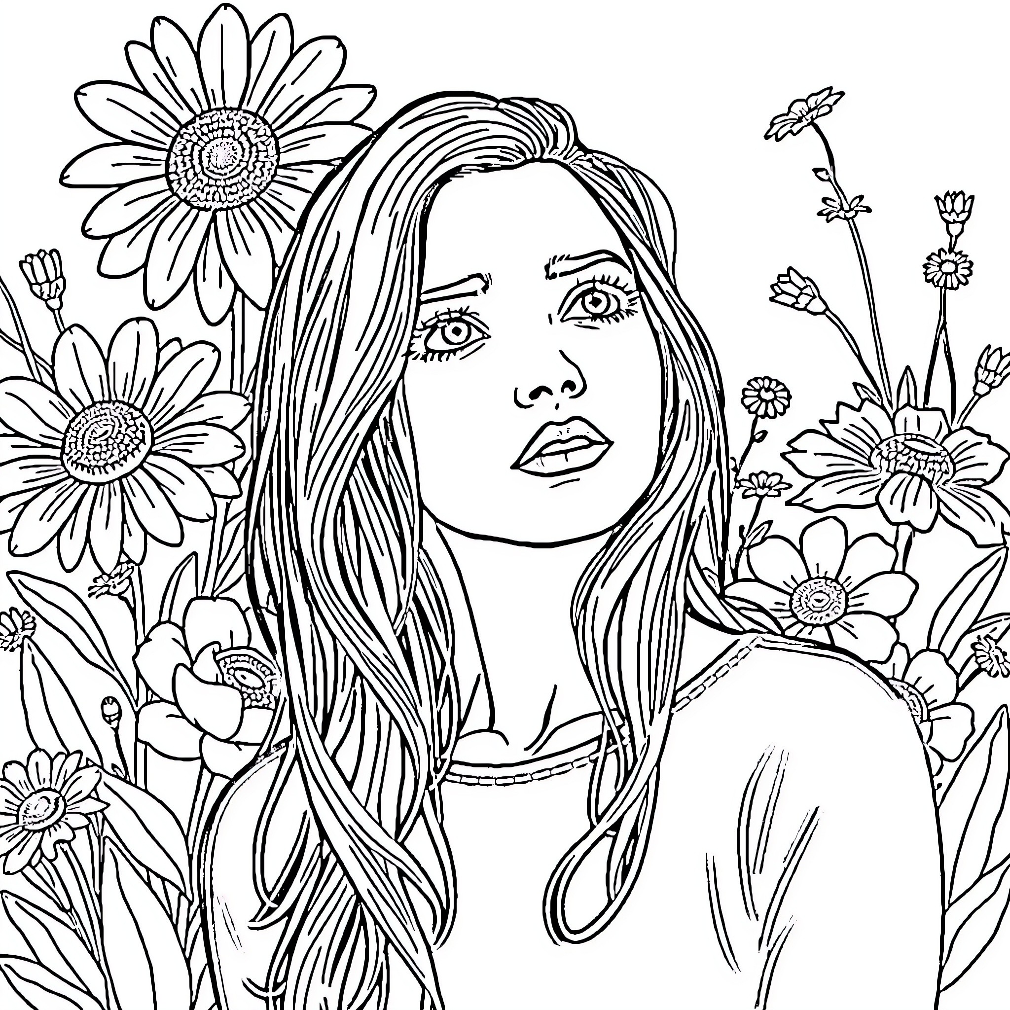 Woman amidst vibrant floral landscape Coloring Page (free black-and-white line drawing printable PDF for all, from beginners to advanced learners, including children, teens, adults, and seniors)