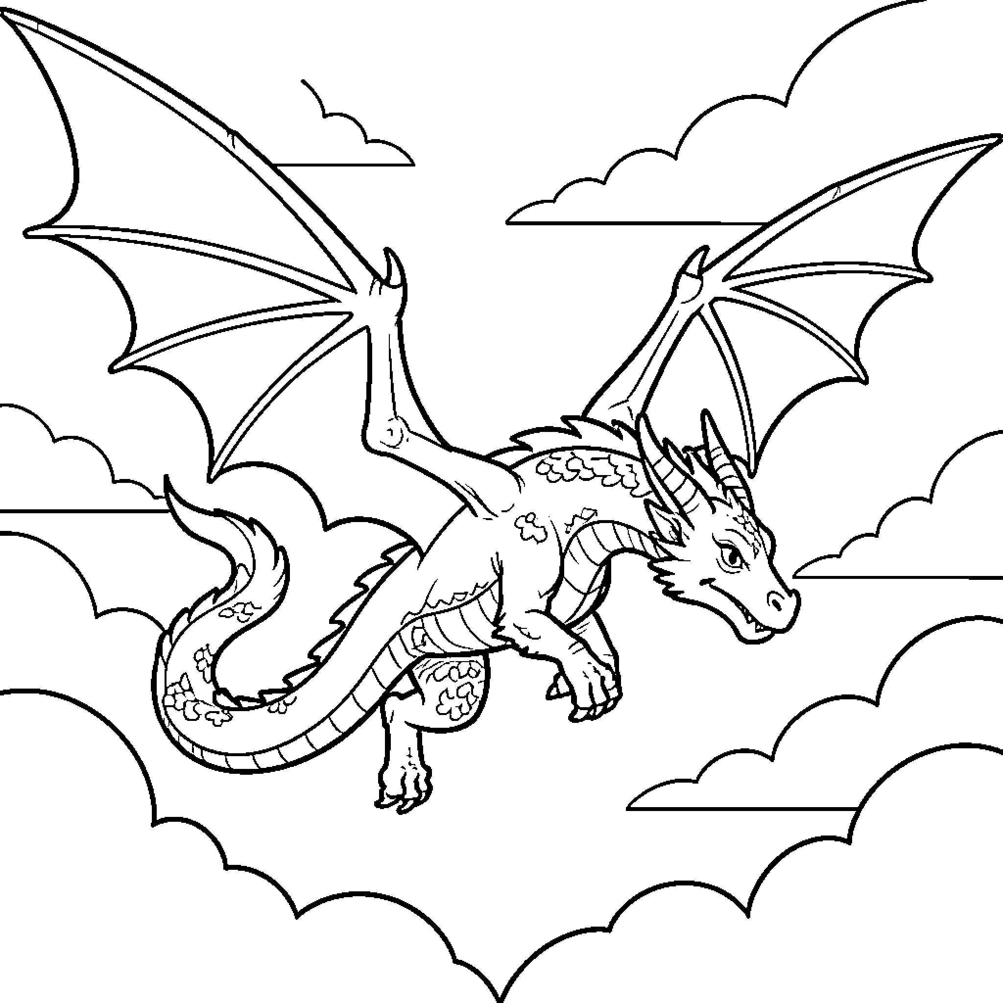 Dragon flying gracefully through the clouds Coloring Page (free black-and-white line drawing printable PDF for all, from beginners to advanced learners, including children, teens, adults, and seniors)