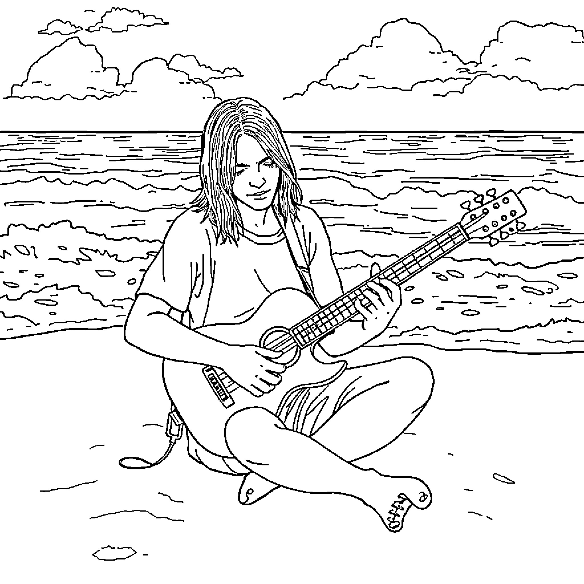 Kurt Cobain playing guitar on the beach Coloring Page (free black-and-white line drawing printable PDF for all, from beginners to advanced learners, including children, teens, adults, and seniors)