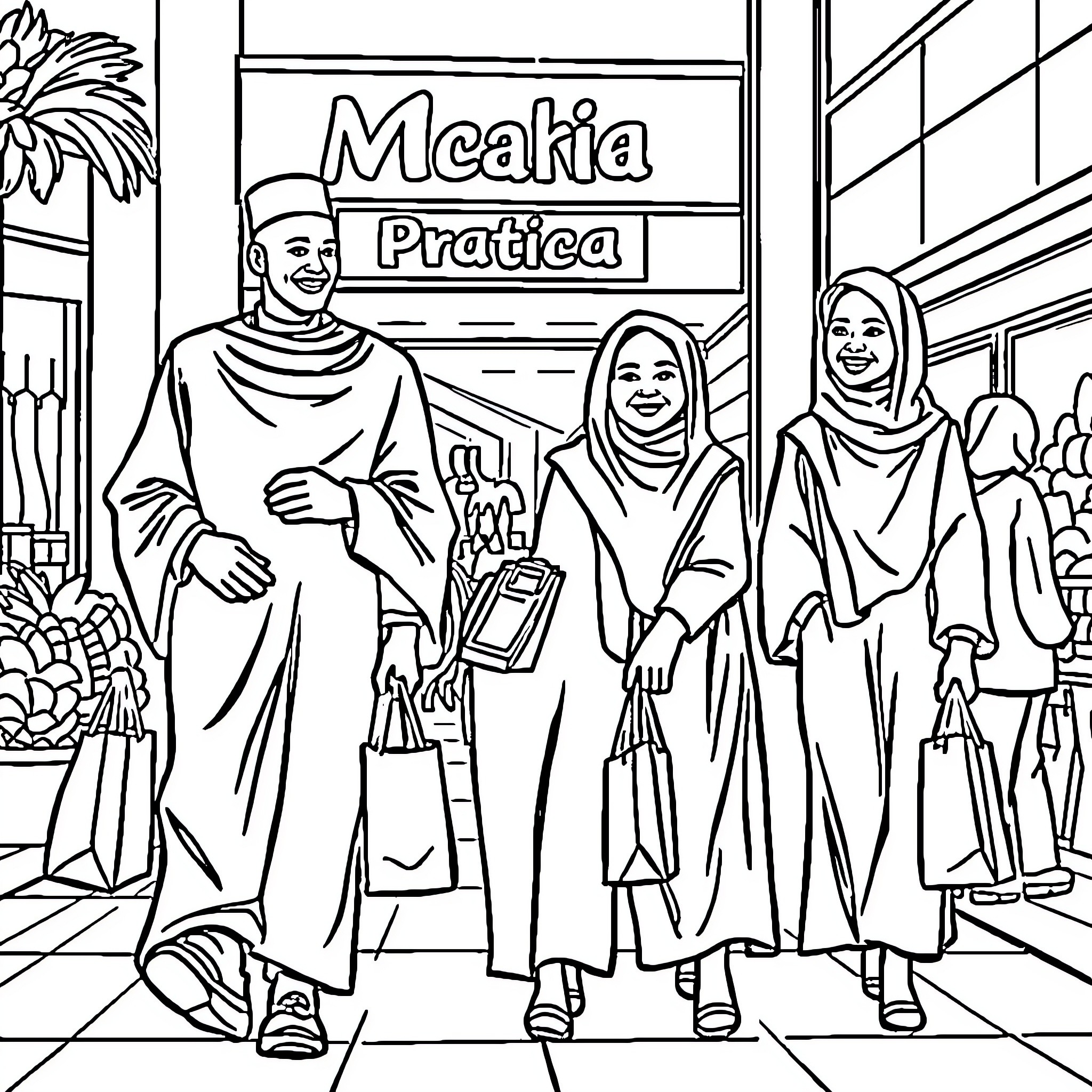 Family Shopping at the Grocery Store Coloring Page (free black-and-white line drawing printable PDF for all, from beginners to advanced learners, including children, teens, adults, and seniors)