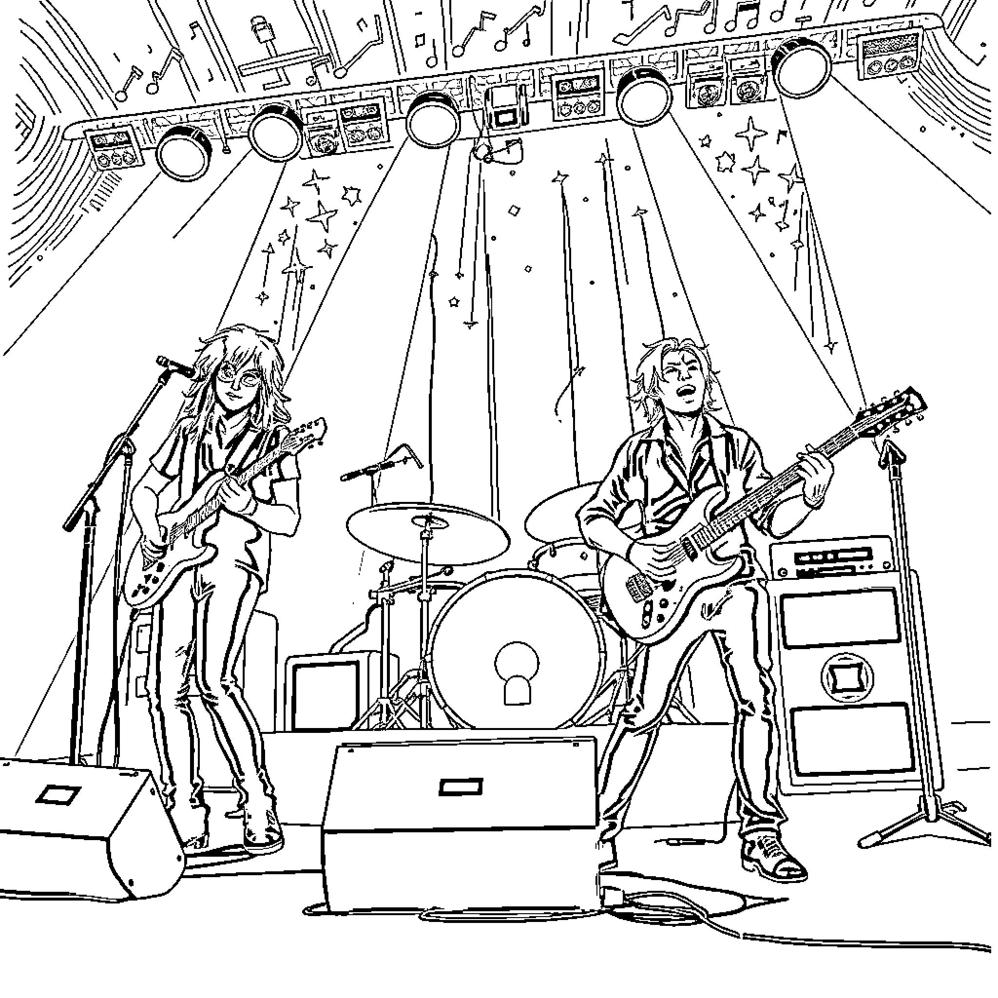 Rock Group Performing on Stage with Instruments Coloring Page (free black-and-white line drawing printable PDF for all, from beginners to advanced learners, including children, teens, adults, and seniors)