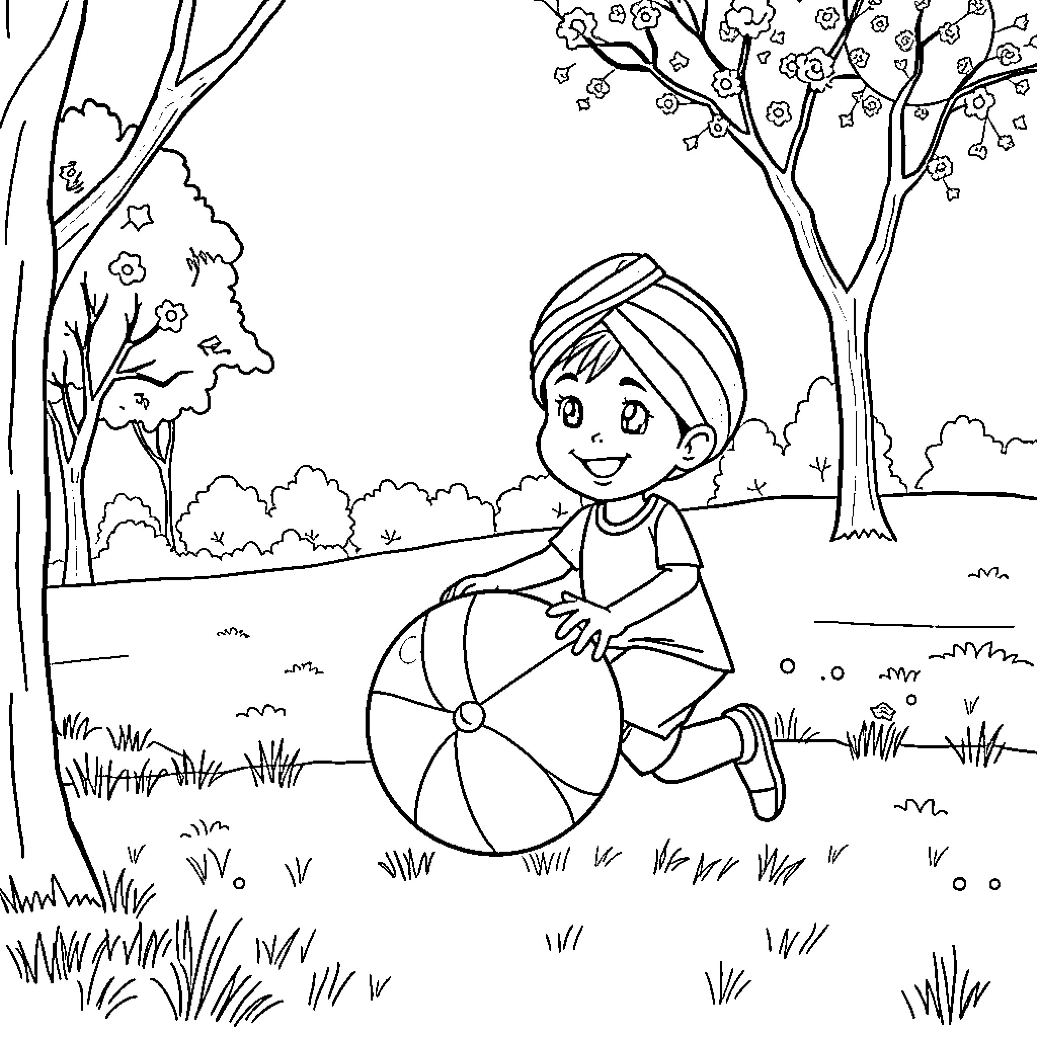 Kid playing happily with ball in the park Coloring Page (free black-and-white line drawing printable PDF for all, from beginners to advanced learners, including children, teens, adults, and seniors)