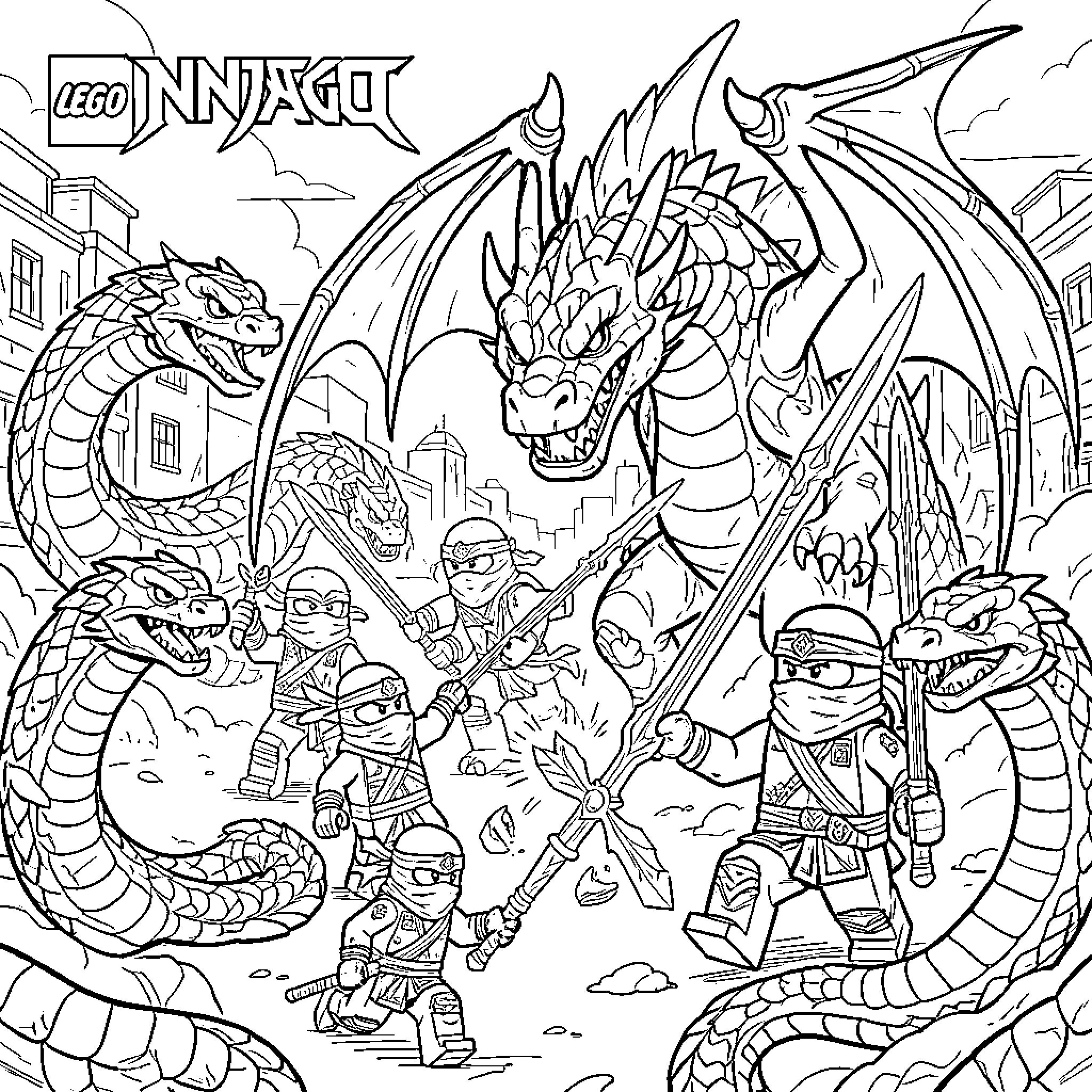 Ninjago warriors fighting a giant dragon and serpents Coloring Page (free black-and-white line drawing printable PDF for all, from beginners to advanced learners, including children, teens, adults, and seniors)