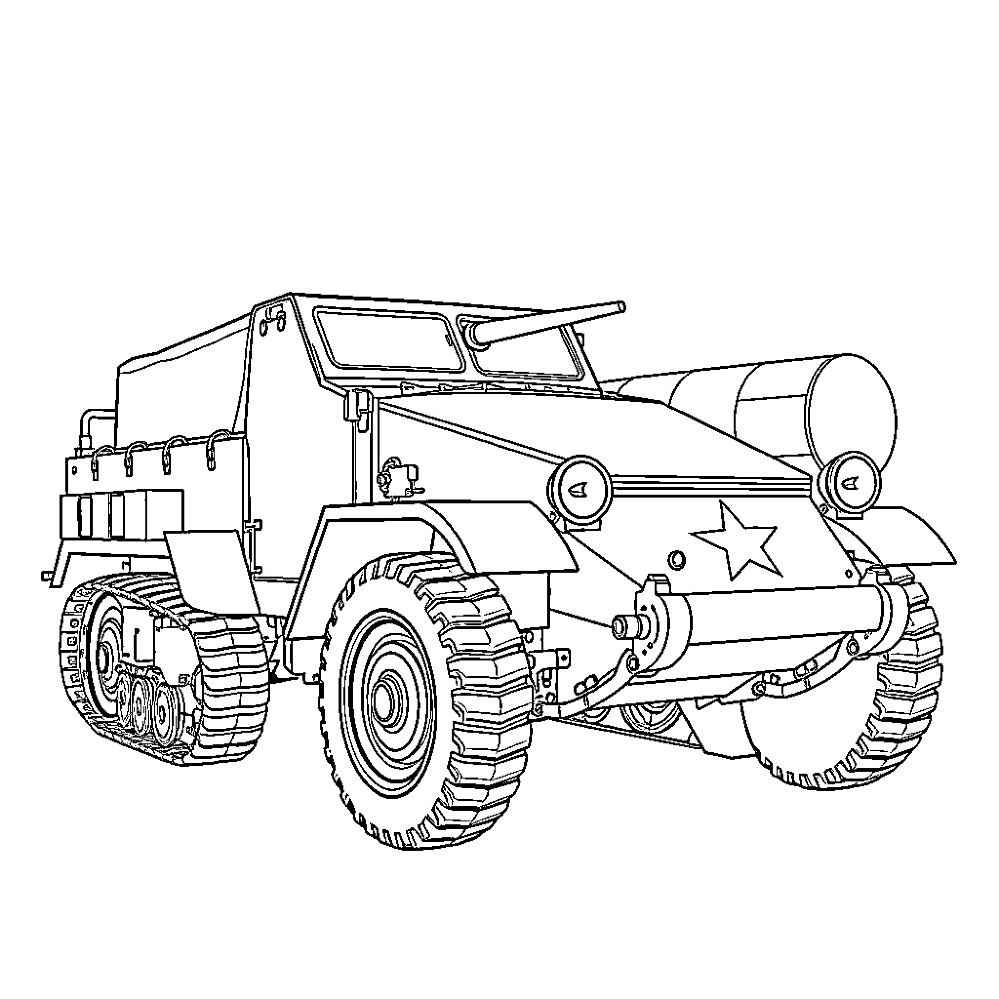 Halftrack military vehicle with distinctive markings Coloring Page (free black-and-white line drawing printable PDF for all, from beginners to advanced learners, including children, teens, adults, and seniors)